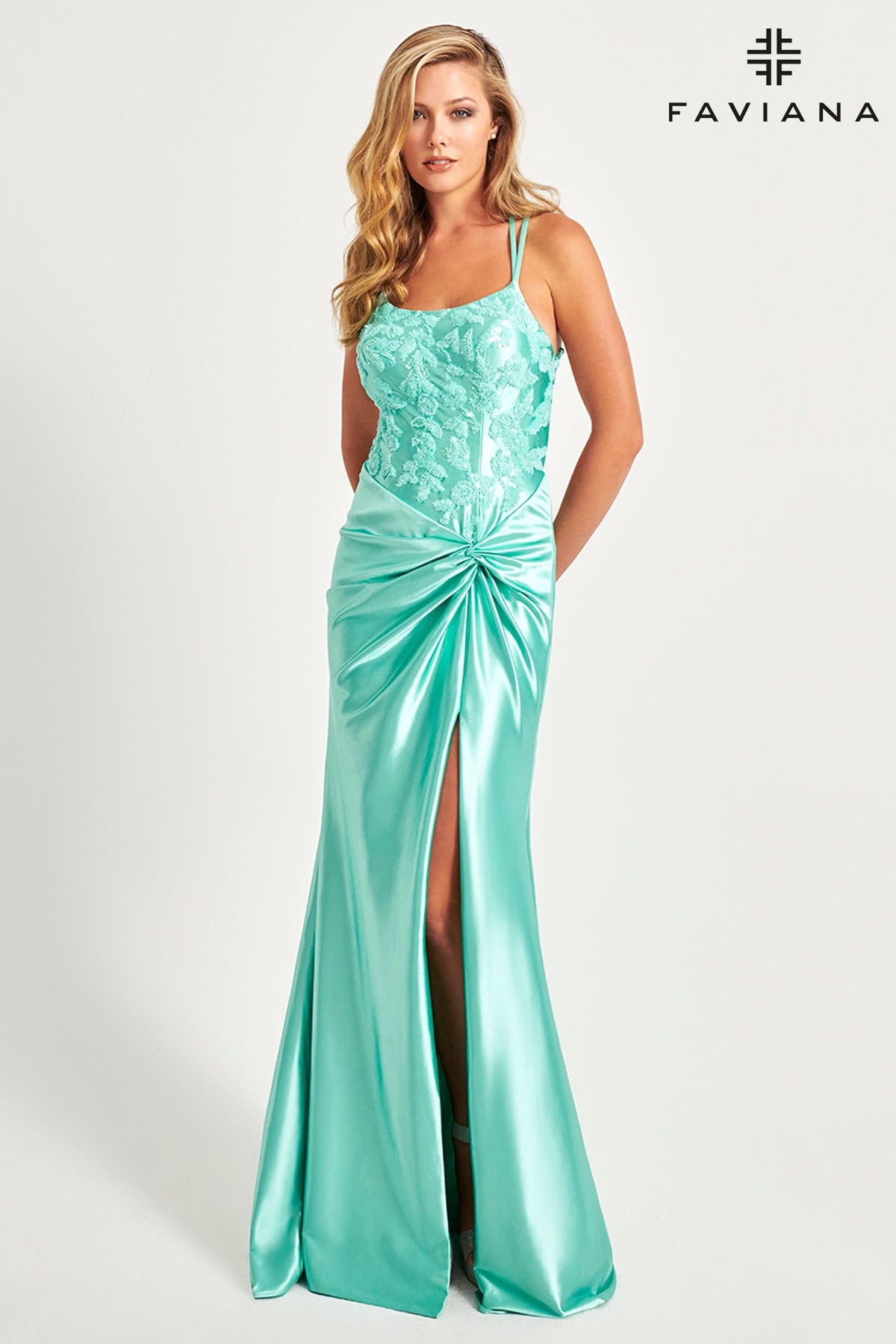 Satin Long Gown With Embellished Sequin Bustier And Knot Waist | 11005