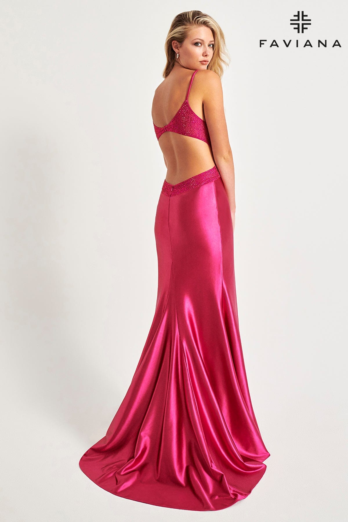 Raspberry Satin Long Dress With Open Back And Rhinestone Embellishment Raspberry Satin Long Dress With Open Back And Rhinestone Embellishment