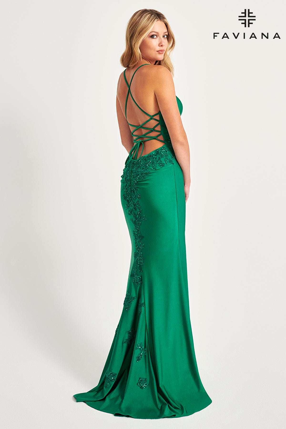 Dark Emerald V-Neck Lace Up Back Long Dress With Beaded Lace At Waist