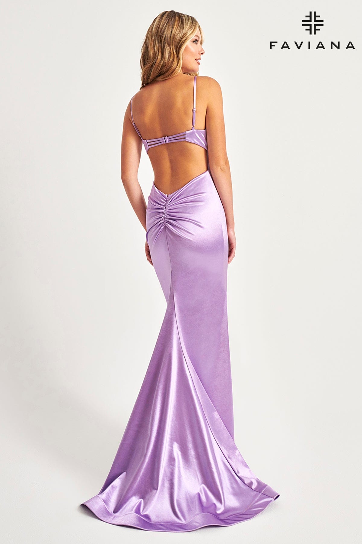 Long Lilac Satin Prom Dress With V-Neck Detail And Open Back | 11025