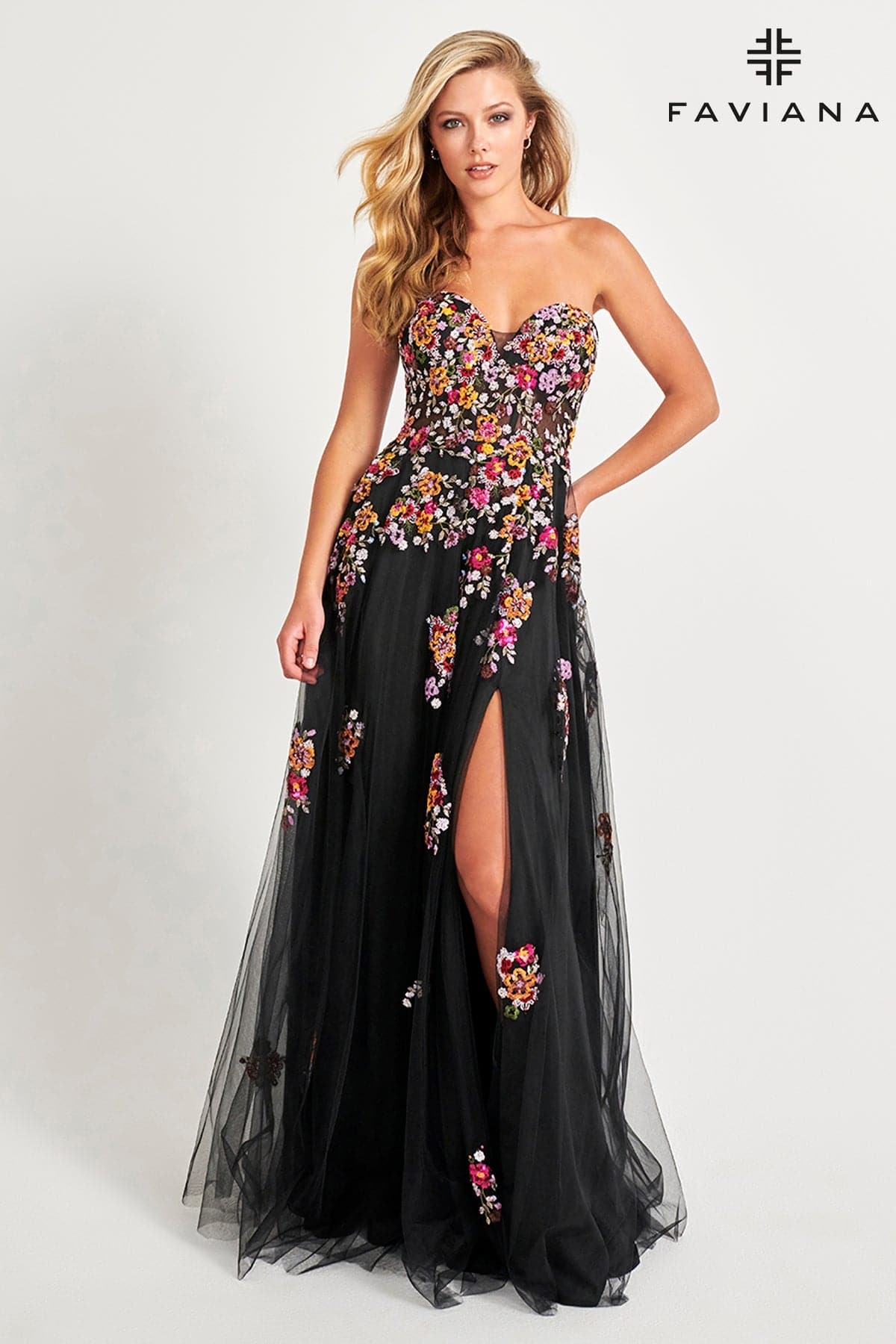 Sunburst Strapless Corset Dress With Flowy Tulle Skirt And Floral Appl Sunburst Strapless Corset Dress With Flowy Tulle Skirt And Floral Appl