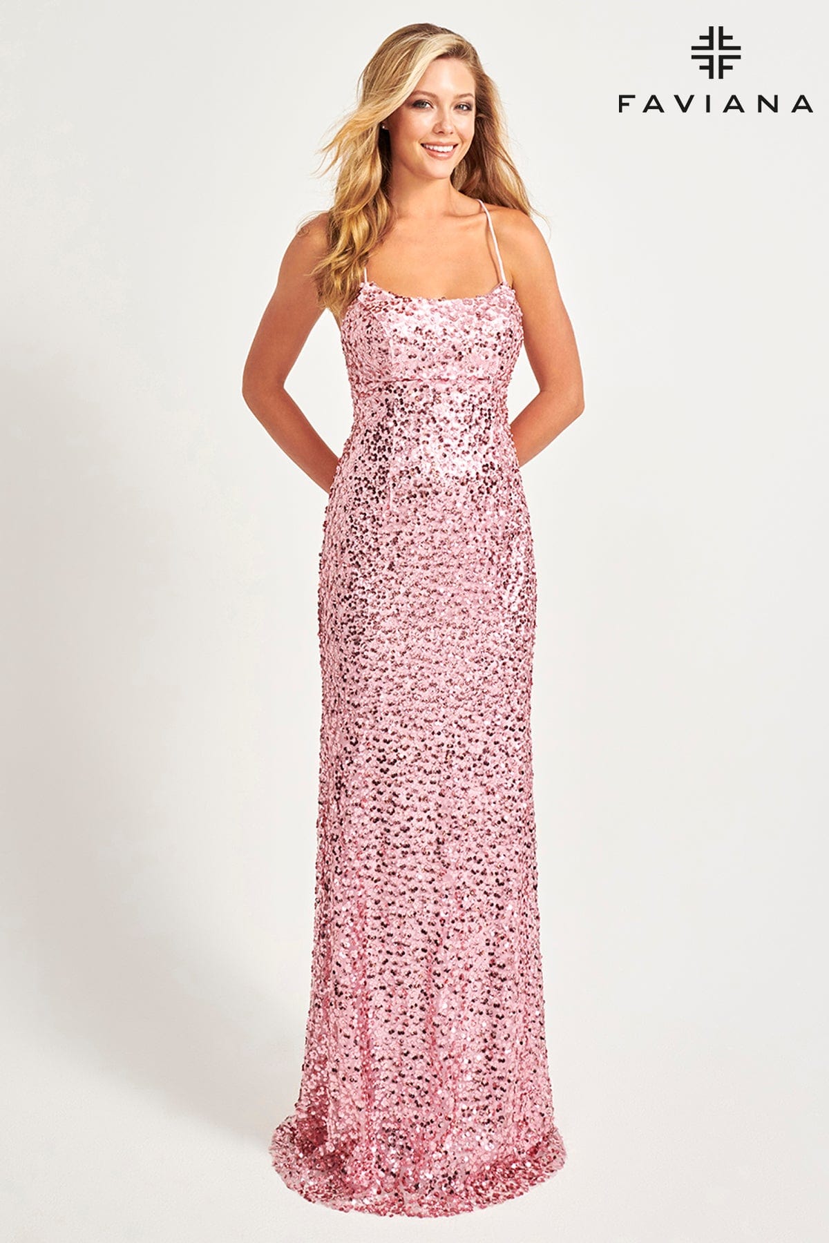 Light Pink Flower Sequin Fabric Scoop Neck Long Dress | 11033