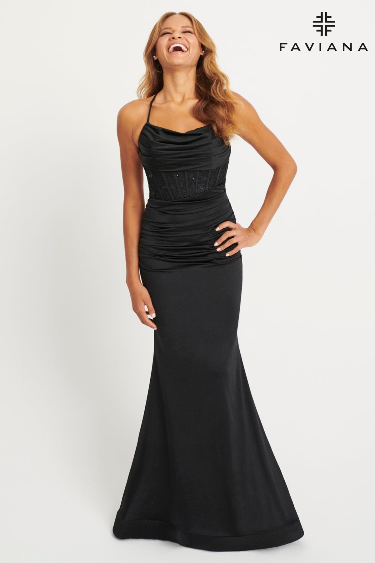 Cowl Neck Evening Gown With Stretch Lace Corset Detailing And Ruching | 11043