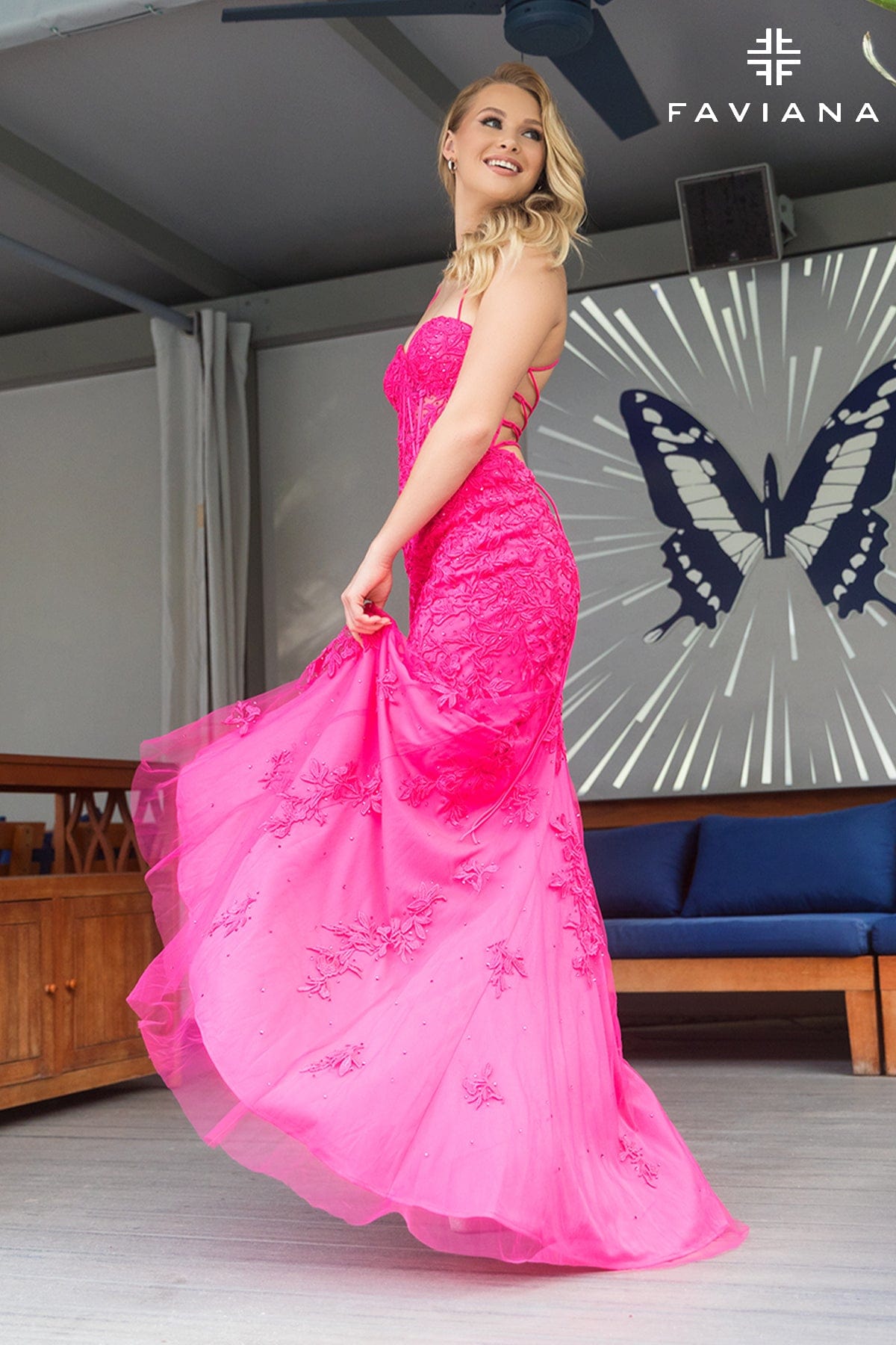 Hot Pink Sweetheart Lace Corset Dress With Lace-Up Back | 11054 Hot Pink Sweetheart Lace Corset Dress With Lace-Up Back | 11054