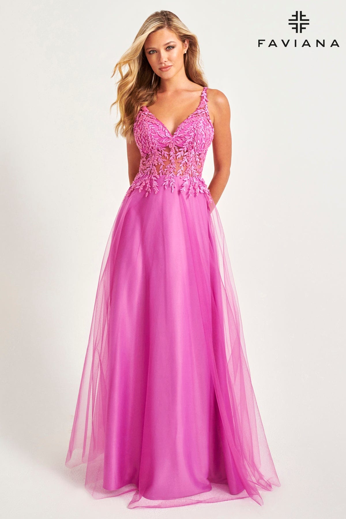 Flowy Tulle Dress With Lace Applique Bustier in Extended Sizing | 11055E