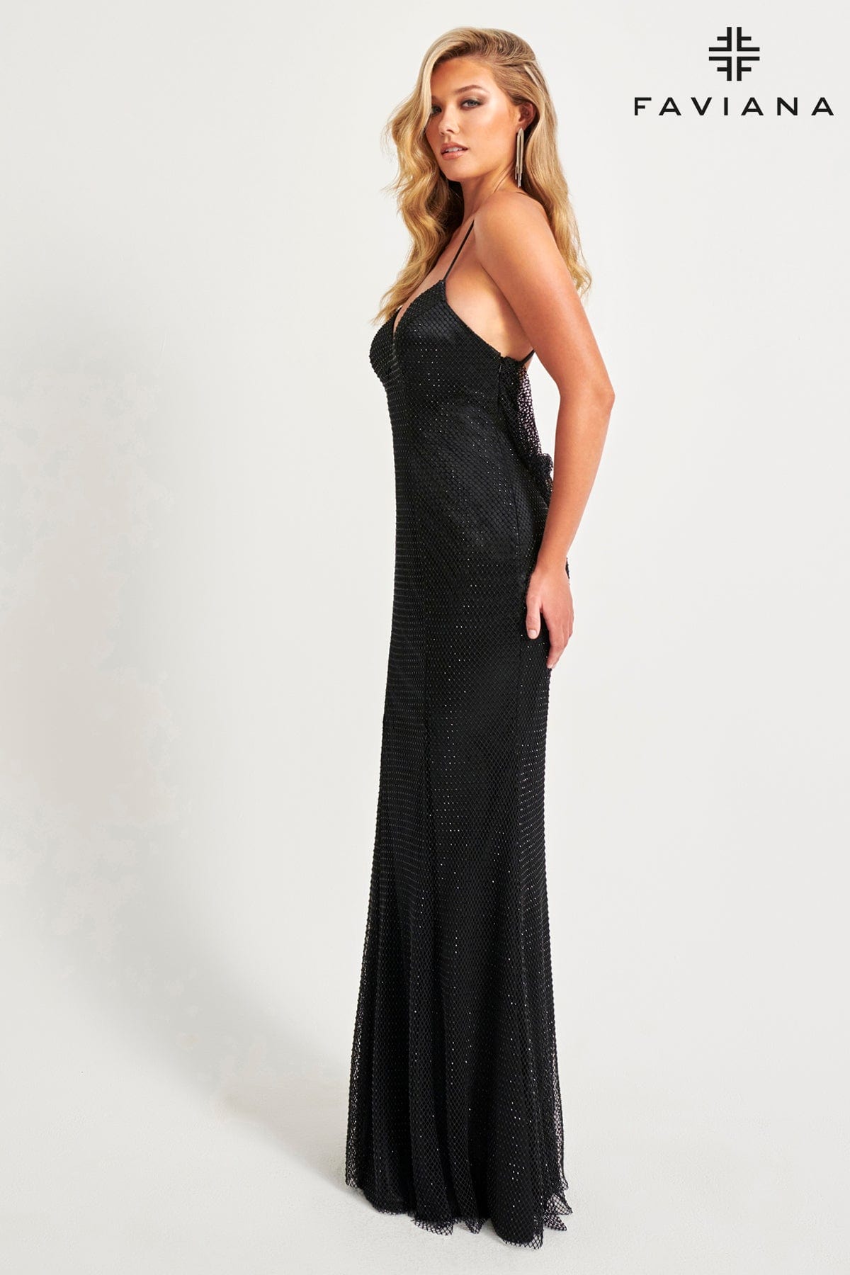 Cowl Back Hotfix Rhinestone Mesh Gown With V-Neck | 11080