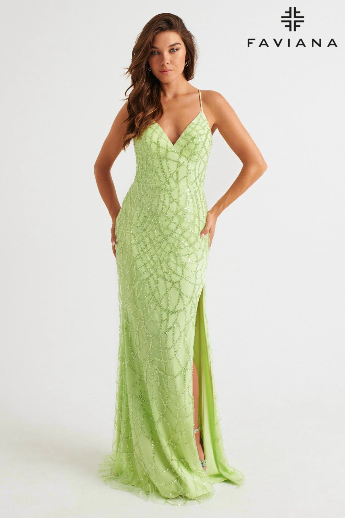 Celery Green V-Neck Dress With Silver Beaded Appliqué And Side Slit | 11084 Celery Green V-Neck Dress With Silver Beaded Appliqué And Side Slit | 11084