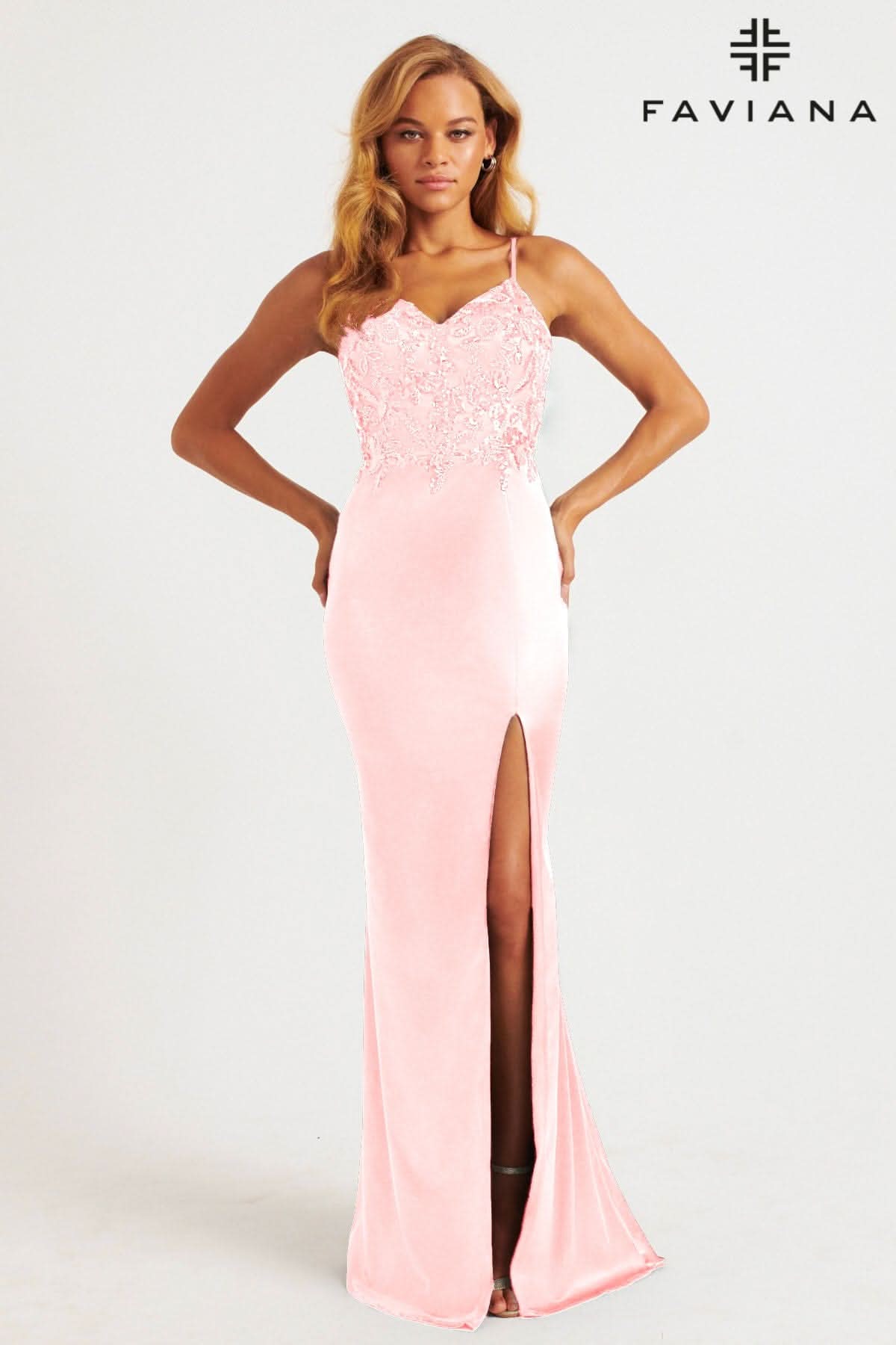 Light Pink Sleek Satin Dress With Sequin Appliqu Bodice And Unique La Light Pink Sleek Satin Dress With Sequin Appliqu Bodice And Unique La