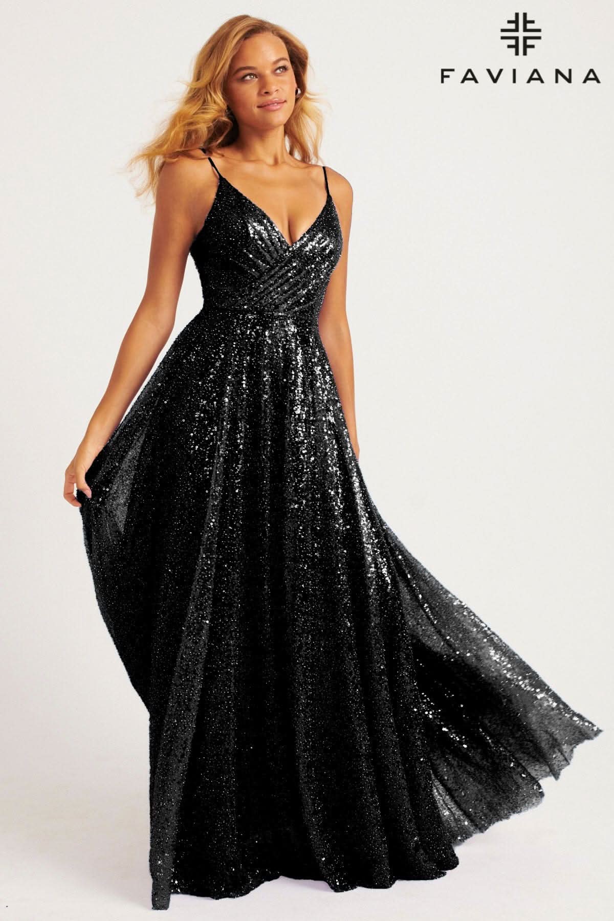 Black Shimmery Sequin A-Line Gown With Crossover V-Neck Detail | 11203 Black Shimmery Sequin A-Line Gown With Crossover V-Neck Detail | 11203