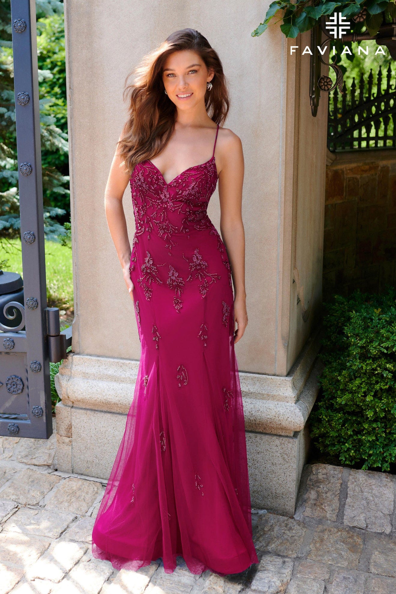 Raspberry Beaded Lace Long V Neck Dress With See-Through Mesh Paneling Raspberry Beaded Lace Long V Neck Dress With See-Through Mesh Paneling