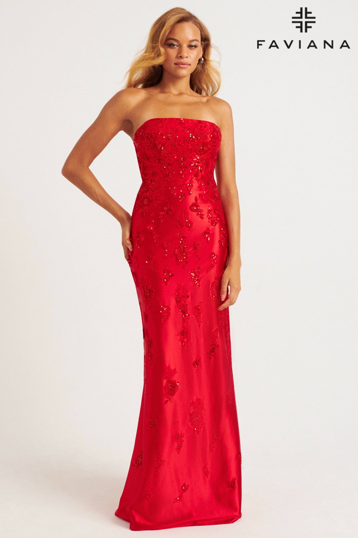 Strapless Satin Appliqu Dress With Side Slit | 11228 Strapless Satin Appliqu Dress With Side Slit | 11228