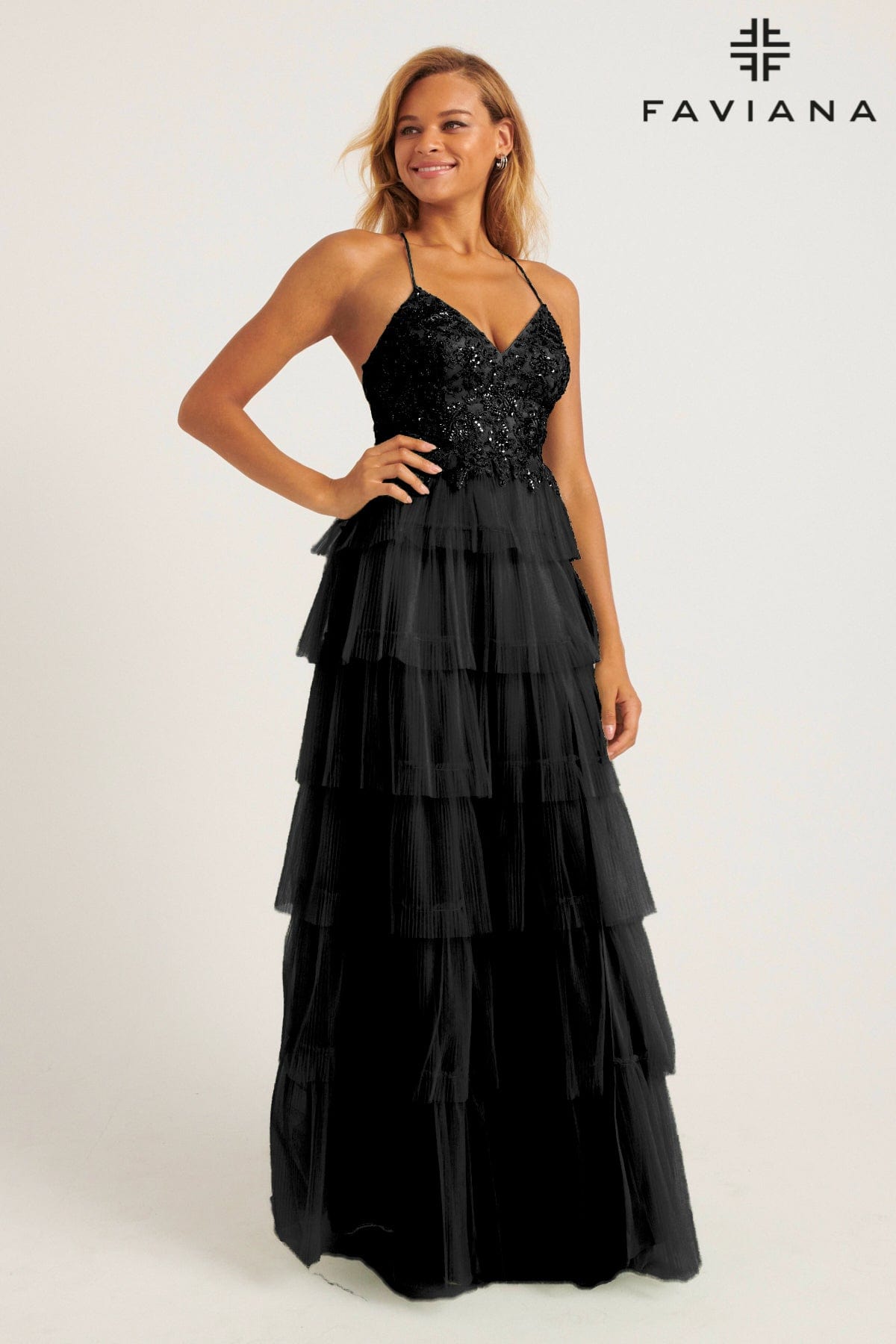 Tiered Pleated Tulle Long Dress With Lace V-Neck Bustier | 11231 Tiered Pleated Tulle Long Dress With Lace V-Neck Bustier | 11231