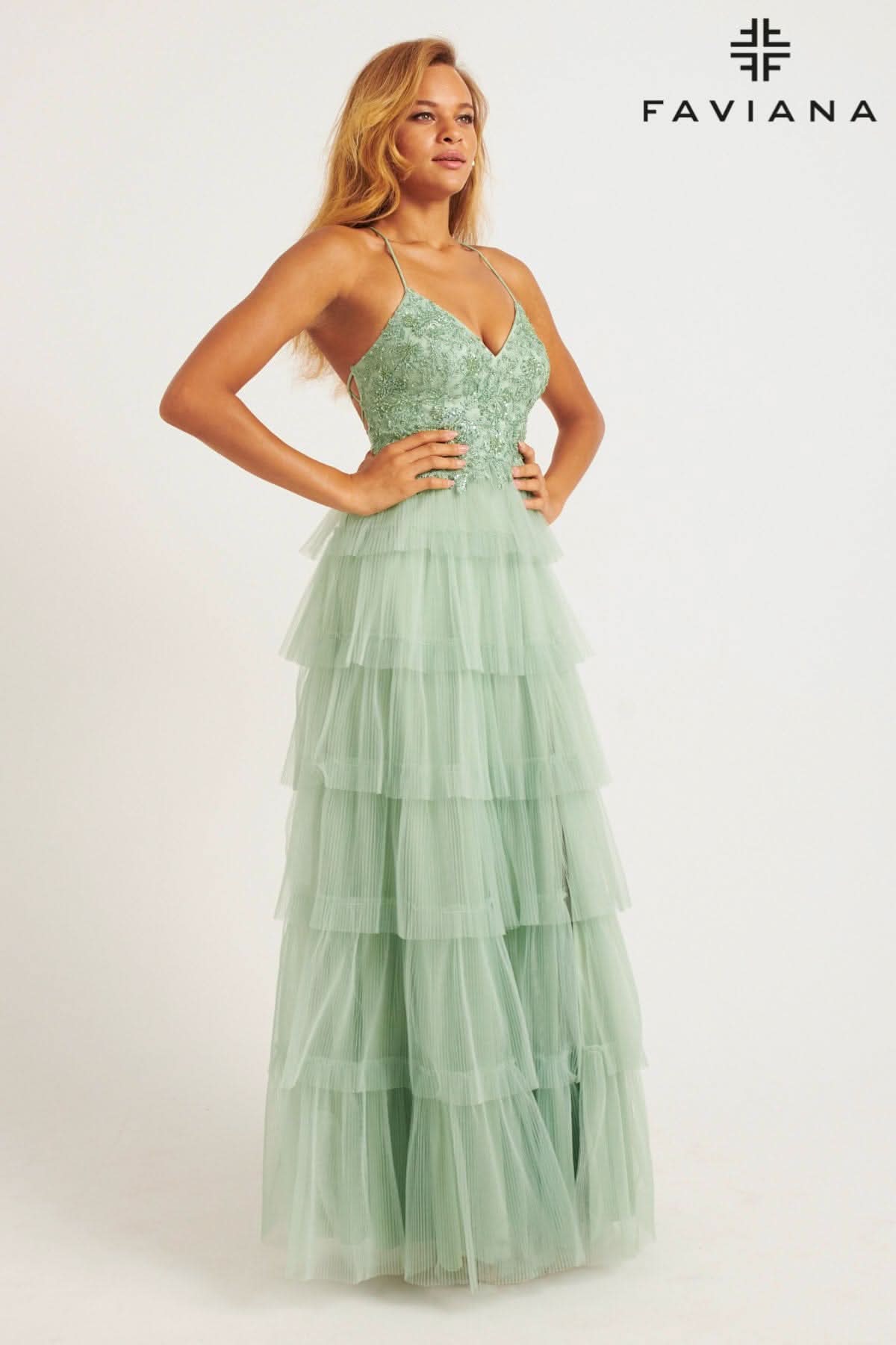 Sage Tiered Pleated Tulle Long Dress With Lace V-Neck Bustier | 11231 Sage Tiered Pleated Tulle Long Dress With Lace V-Neck Bustier | 11231