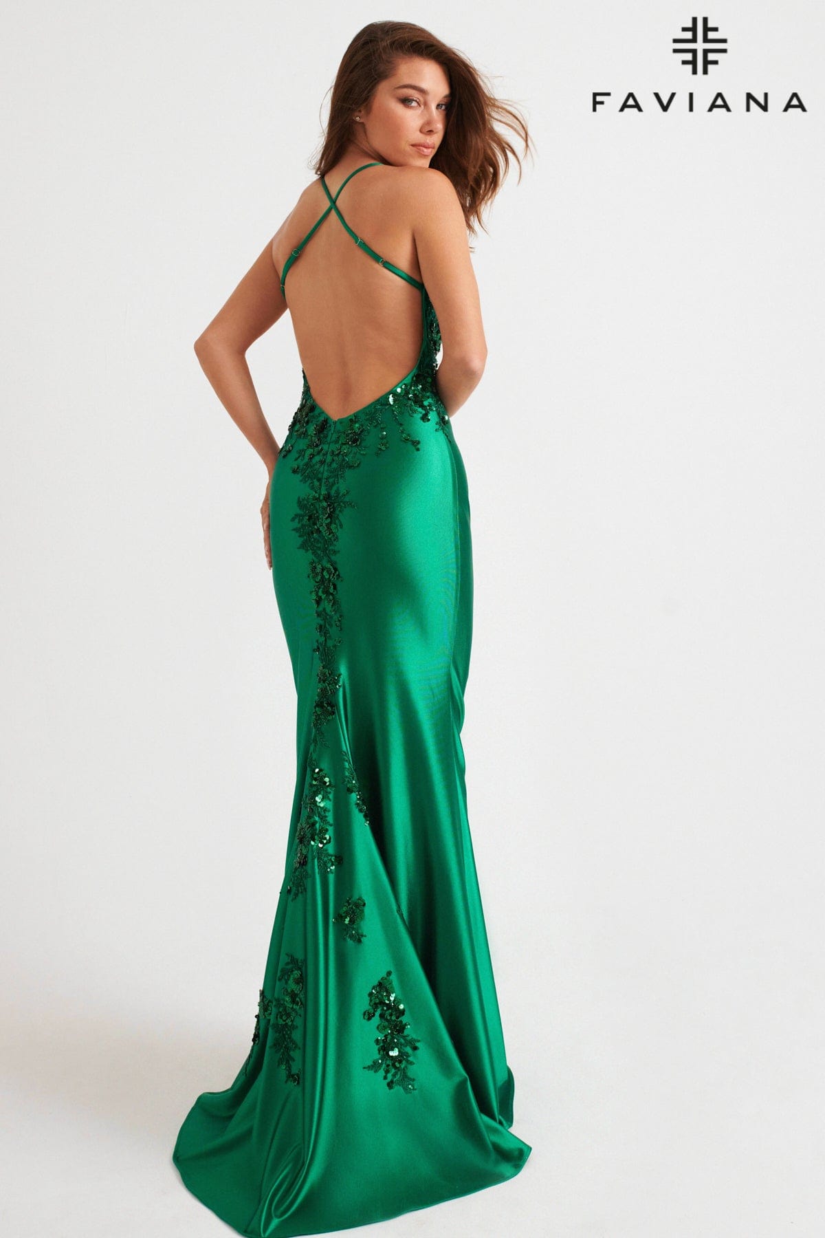 Low-Back Satin Dress With Beading Along The Back Skirt And Bustier Low-Back Satin Dress With Beading Along The Back Skirt And Bustier