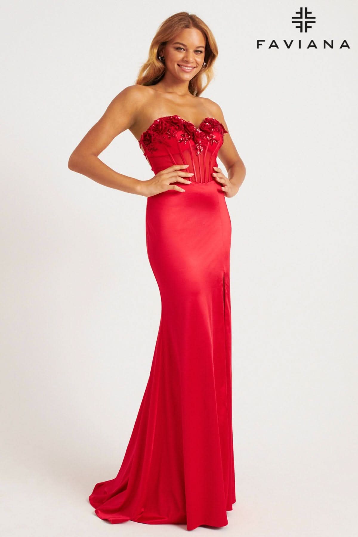 Red Strapless Corset Dress With Rosette Flower Appliqus | 11248 Red Strapless Corset Dress With Rosette Flower Appliqus | 11248
