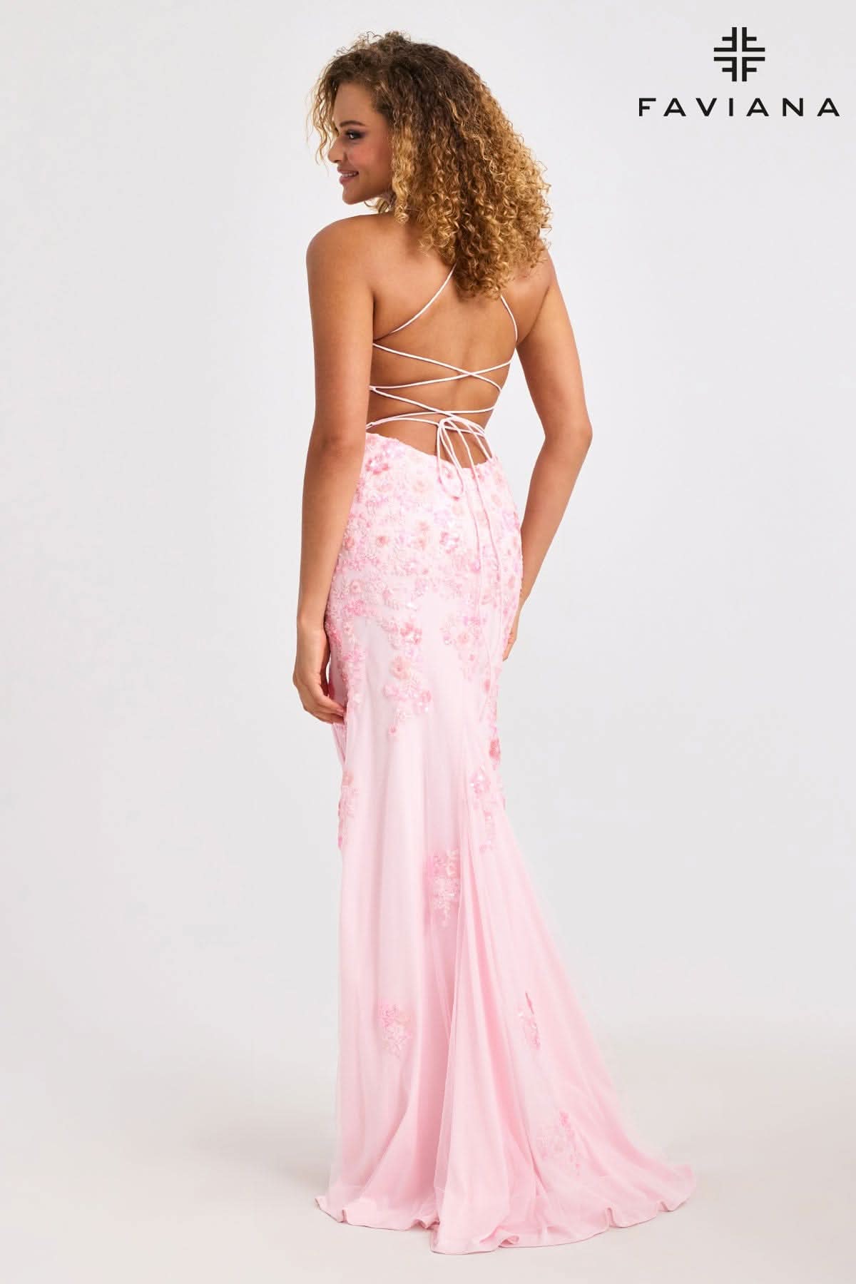 Rose Pink Long V-Neck Dress With Floral Beaded Appliqué | 11251 Rose Pink Long V-Neck Dress With Floral Beaded Appliqué | 11251