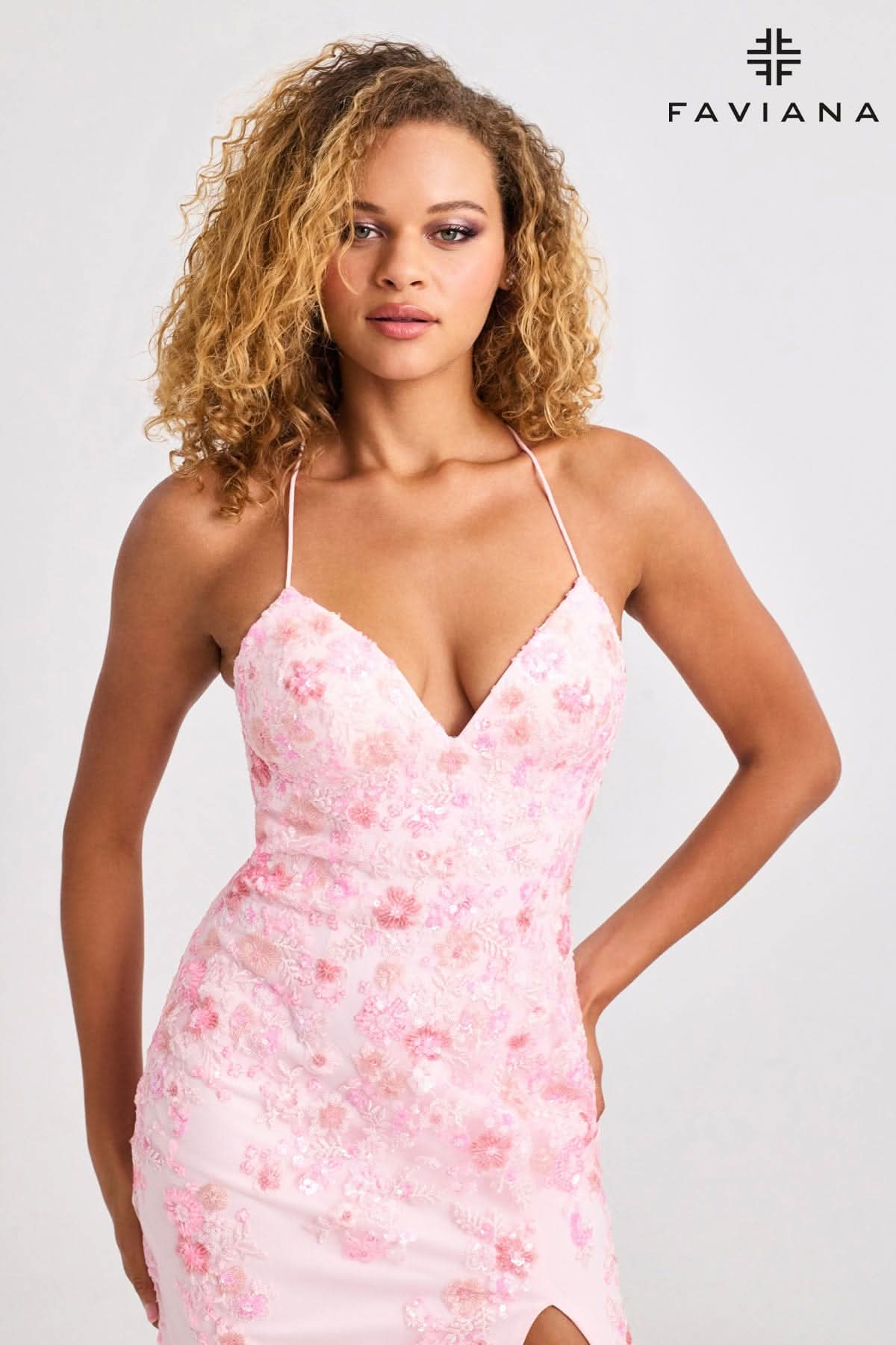 Rose Pink Long V-Neck Dress With Floral Beaded Appliqu | 11251 Rose Pink Long V-Neck Dress With Floral Beaded Appliqu | 11251