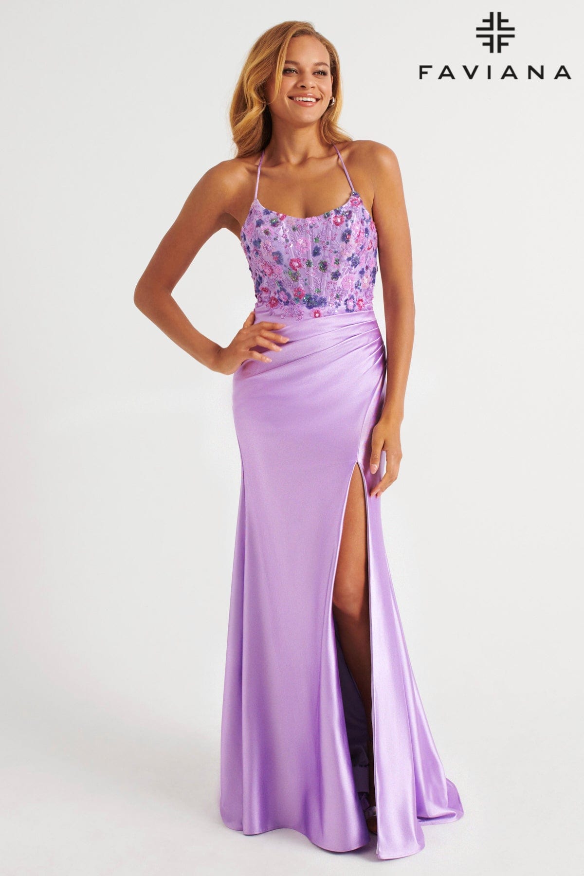 Lilac Scoop Neck Bodycon Satin Dress With Floral Beaded Appliqu Corse Lilac Scoop Neck Bodycon Satin Dress With Floral Beaded Appliqu Corse