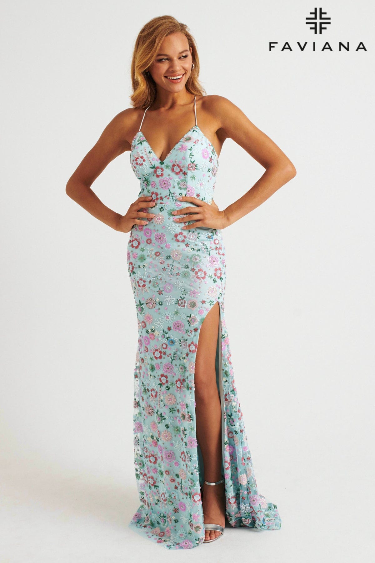 Light Blue V-Neck Multi-Colored Floral Beaded Appliqu Long Dress With Light Blue V-Neck Multi-Colored Floral Beaded Appliqu Long Dress With