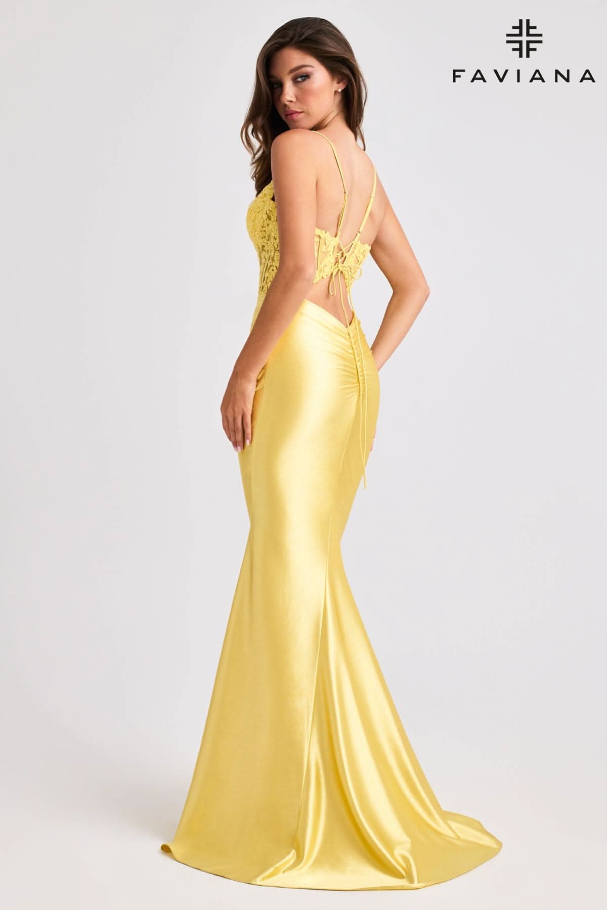 Navy Shimmer Satin Dress With Lace Corset And Tie-Up Open Back | 11400 Navy Shimmer Satin Dress With Lace Corset And Tie-Up Open Back | 11400