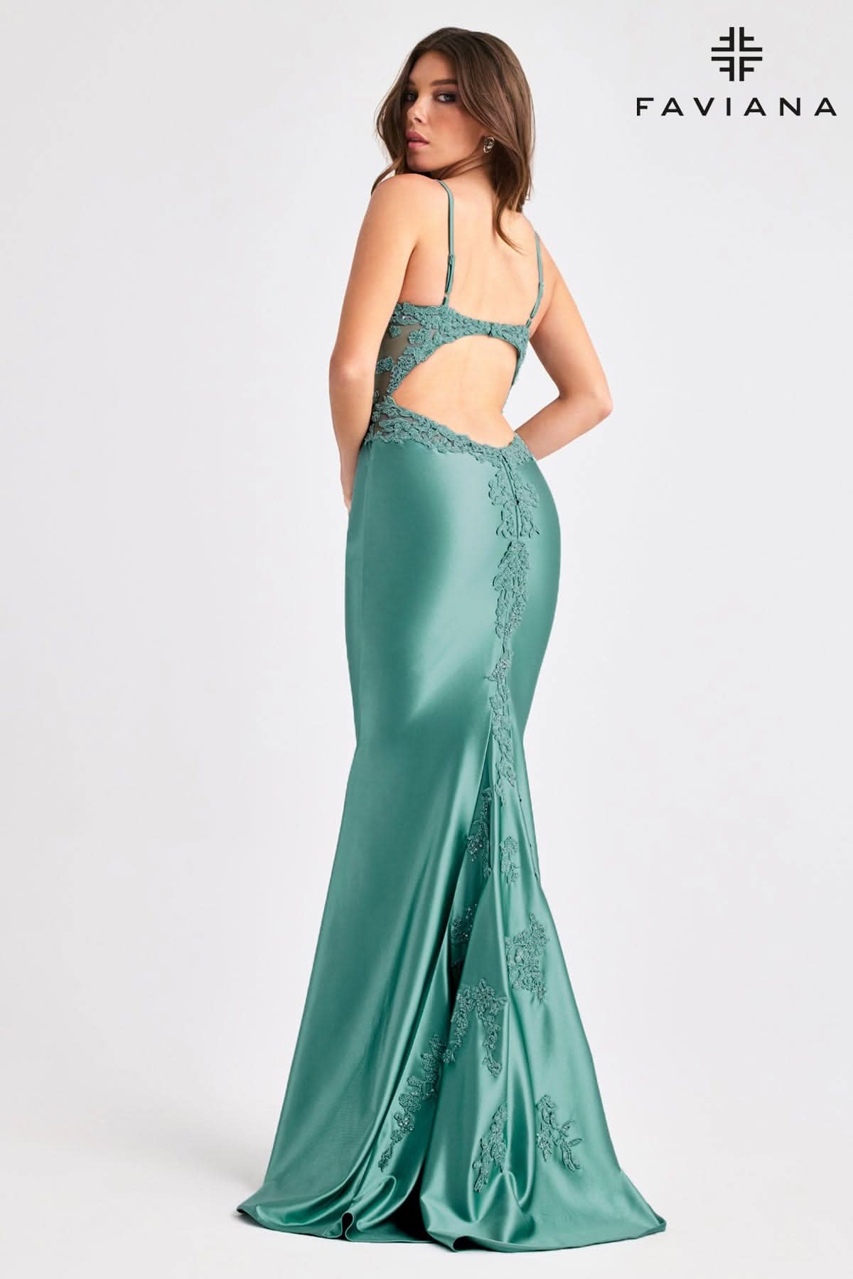 Light Blue Satin Open Back Dress With Beaded Appliqué And Illusion Mesh Sides | 11403 Light Blue Satin Open Back Dress With Beaded Appliqué And Illusion Mesh Sides | 11403