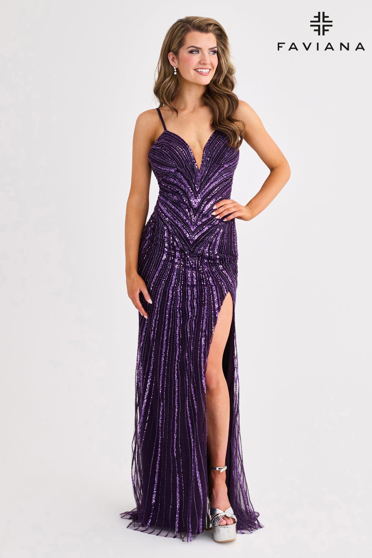 Deep V-Neck Linear Beaded Glam Long Dress | 11412 Deep V-Neck Linear Beaded Glam Long Dress | 11412
