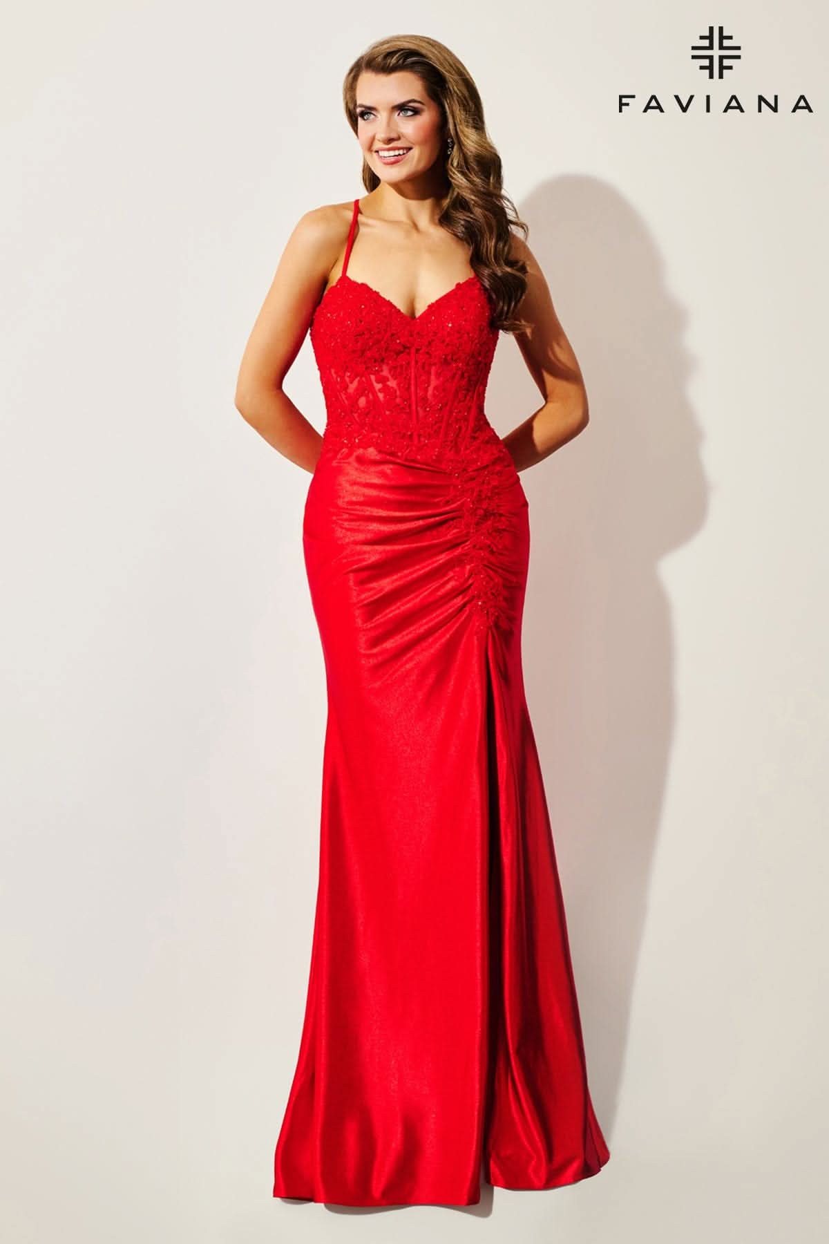 Satin And Lace Appliqu Long Dress With Strappy Back | 11414 Satin And Lace Appliqu Long Dress With Strappy Back | 11414