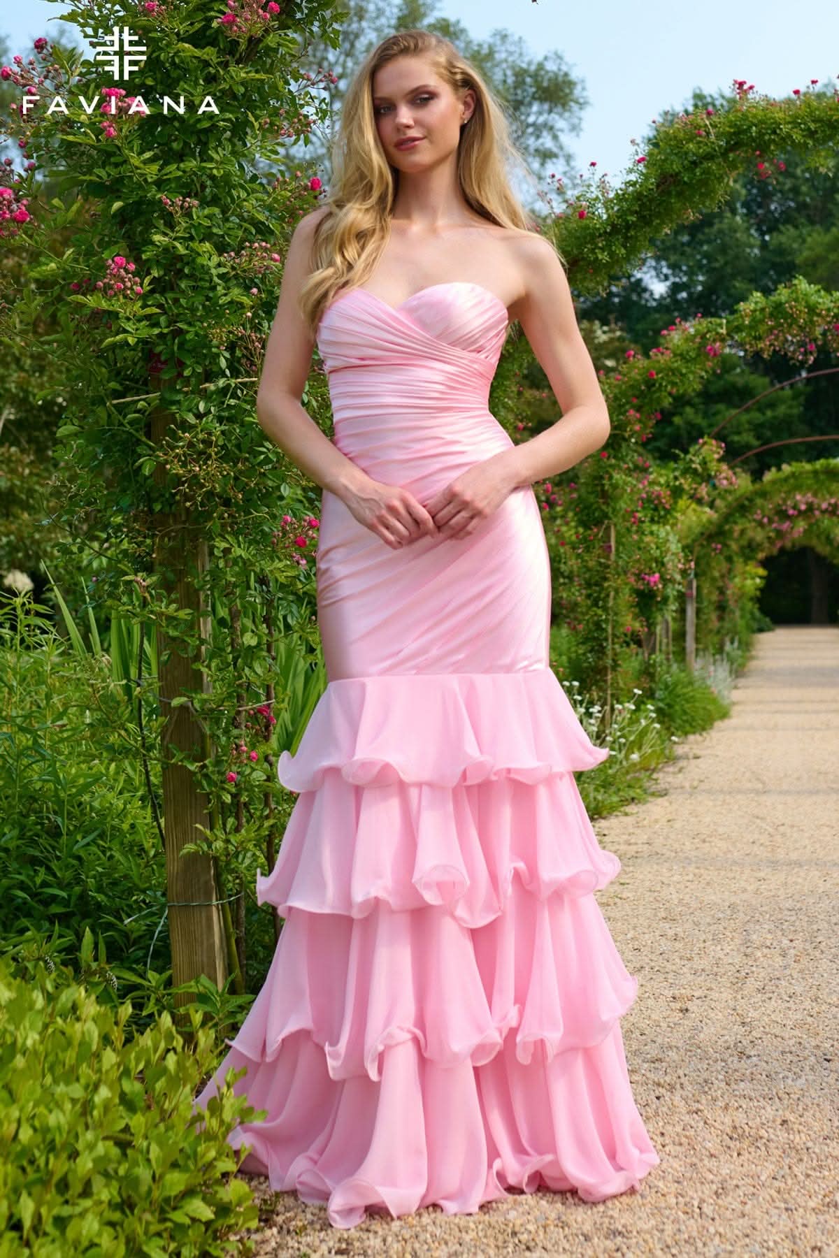 Pink Satin And Chiffon Bodycon Mermaid Dress With Tiered Ruffle Skirt Pink Satin And Chiffon Bodycon Mermaid Dress With Tiered Ruffle Skirt