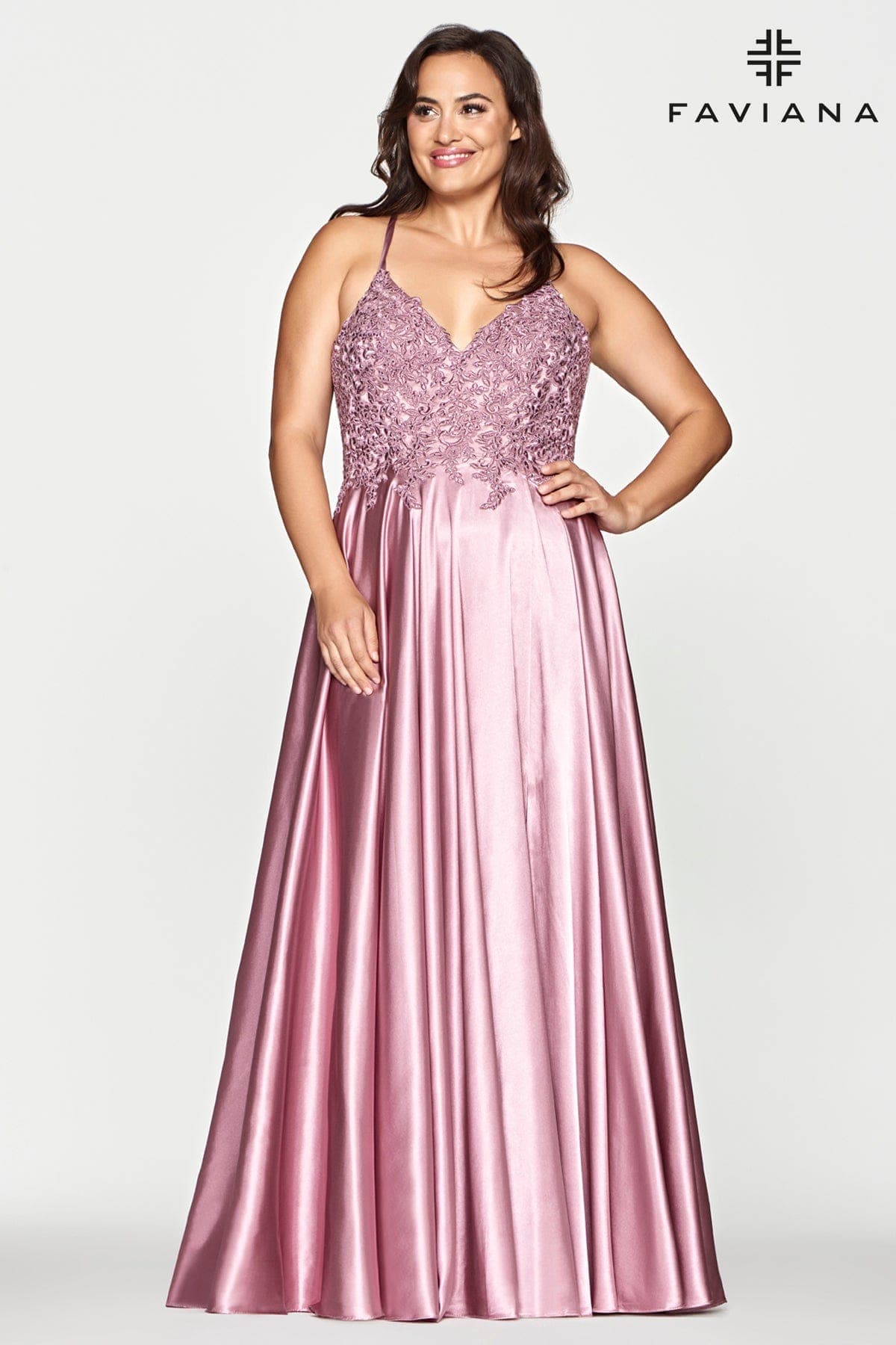 Deep Mauve Plus Size Long Flowy Prom Dress With Lace Bustier And Corset Back | Faviana Deep Mauve Plus Size Long Flowy Prom Dress With Lace Bustier And Corset Back | Faviana