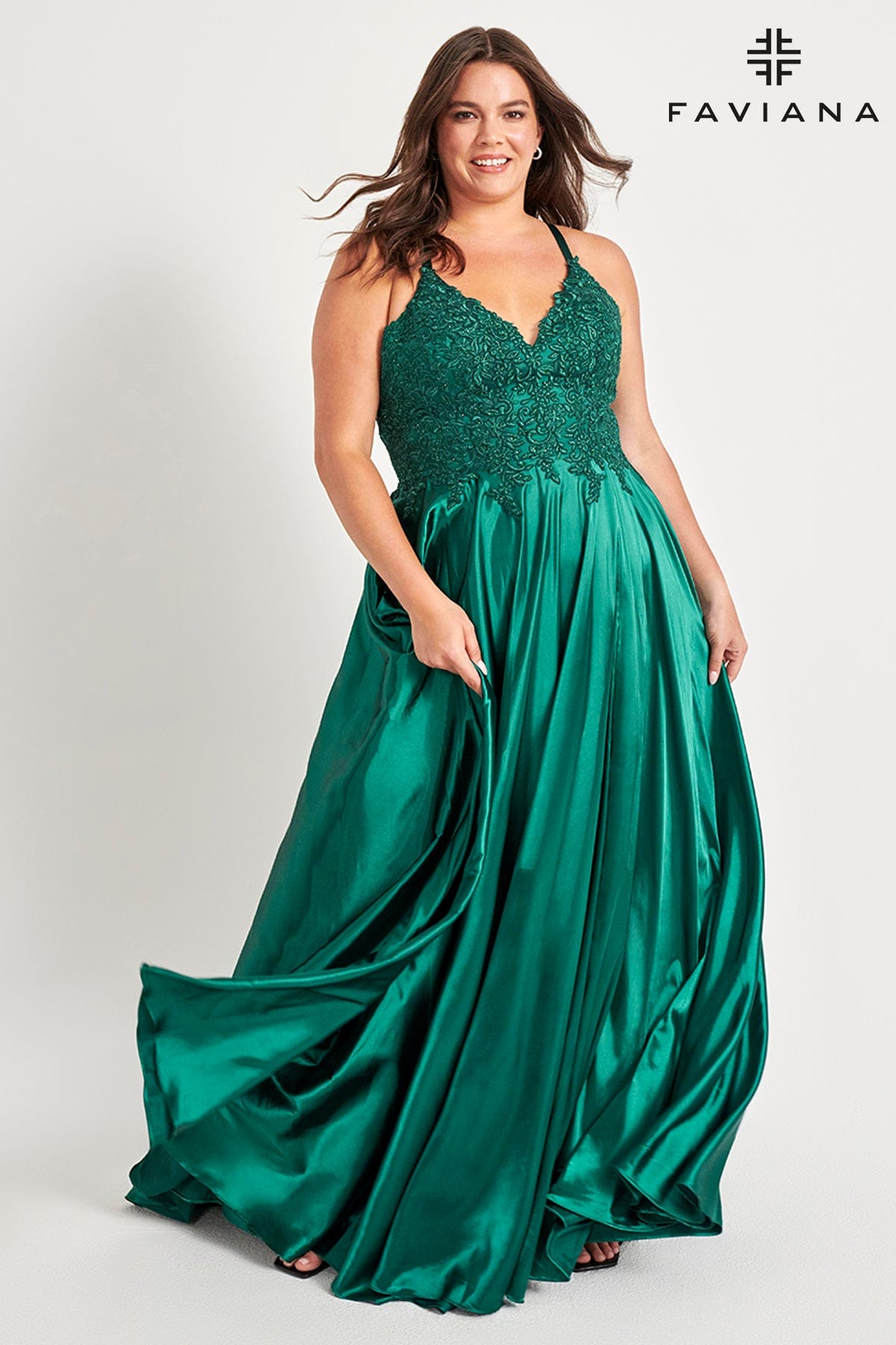Green Plus Size Long Flowy Prom Dress With Lace Bustier And Corset Back | Faviana Green Plus Size Long Flowy Prom Dress With Lace Bustier And Corset Back | Faviana