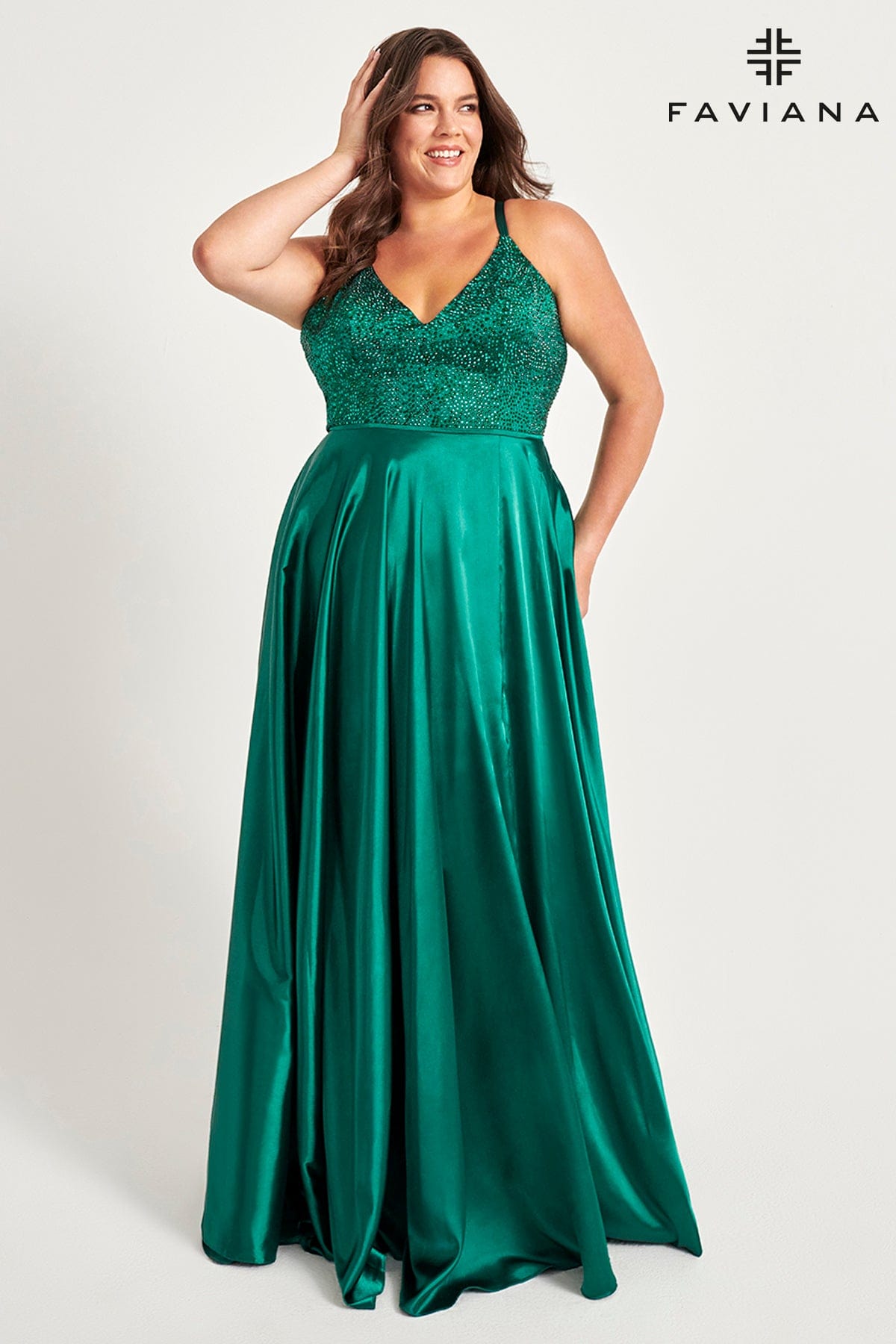 Deep Green V Neck Long Charmeuse Dress With Beaded Bodice | Faviana Deep Green V Neck Long Charmeuse Dress With Beaded Bodice | Faviana