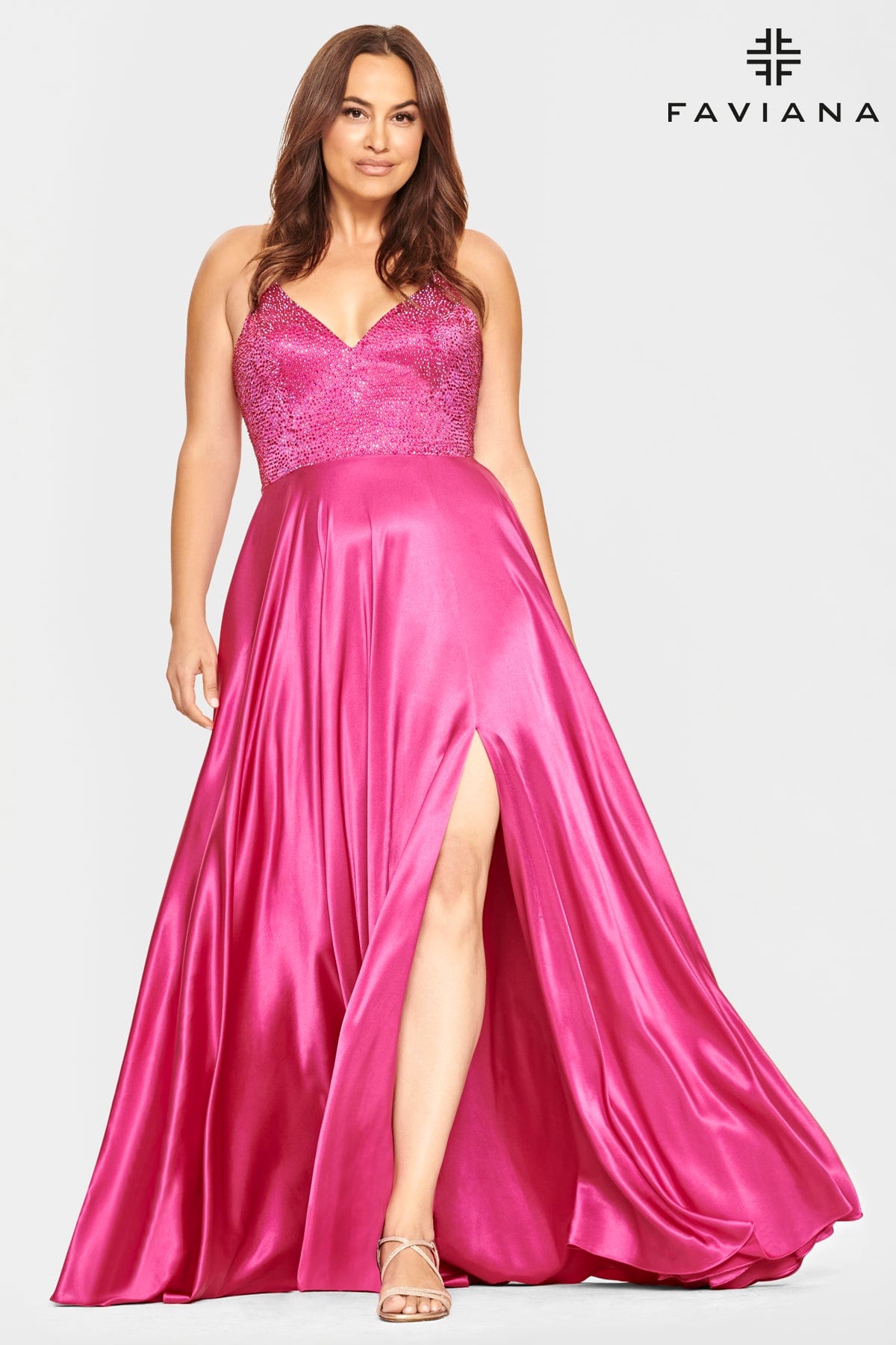 Hot Pink V Neck Long Charmeuse Dress With Beaded Bodice