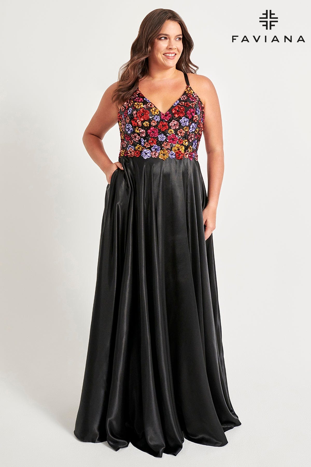 Plus Size Flowy Prom Dress With Silky Skirt And Floral Sequin Bustier | 9558