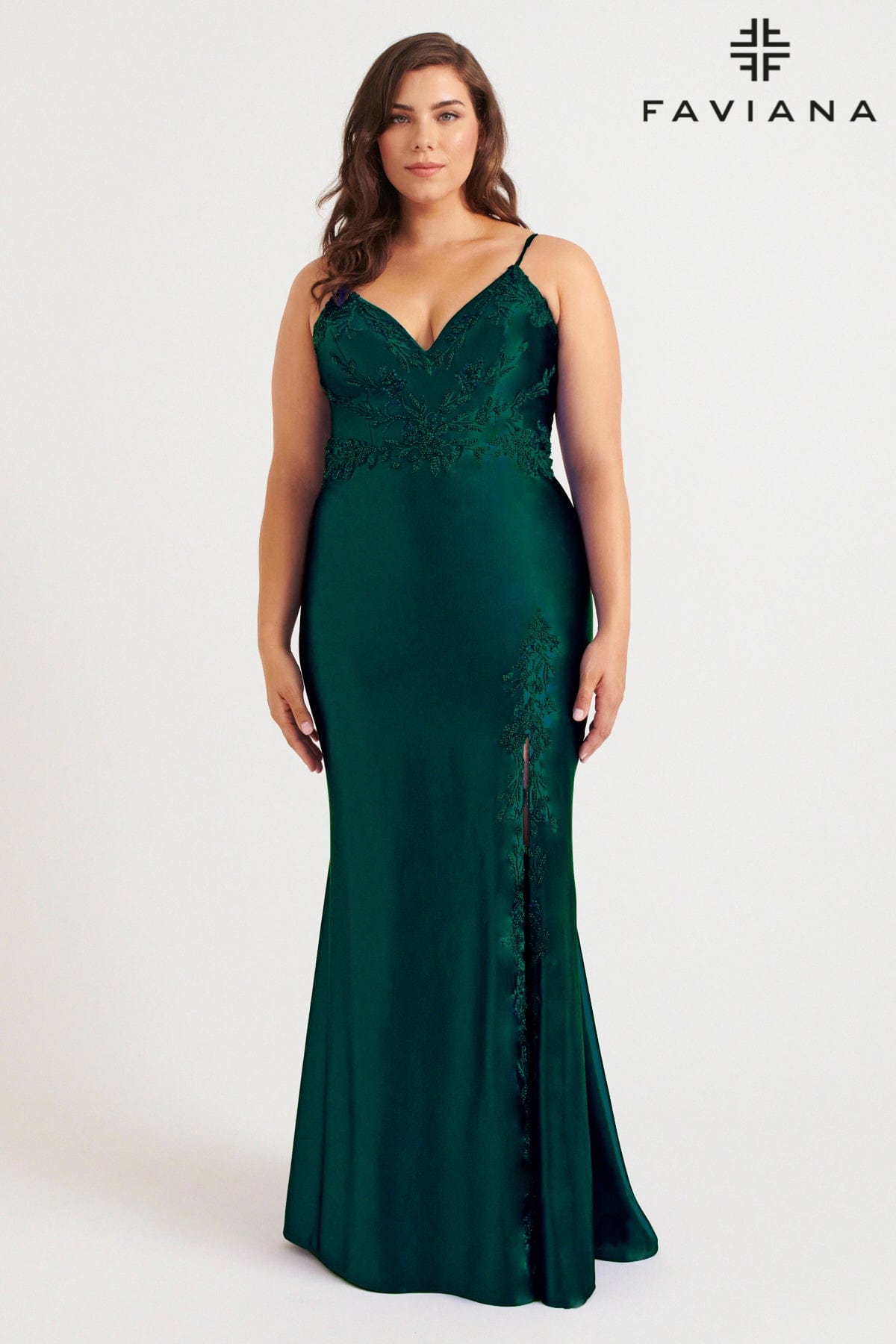 Plus Size Sleek Satin V-Neck Dress For Prom With Beading | 9562 Plus Size Sleek Satin V-Neck Dress For Prom With Beading | 9562