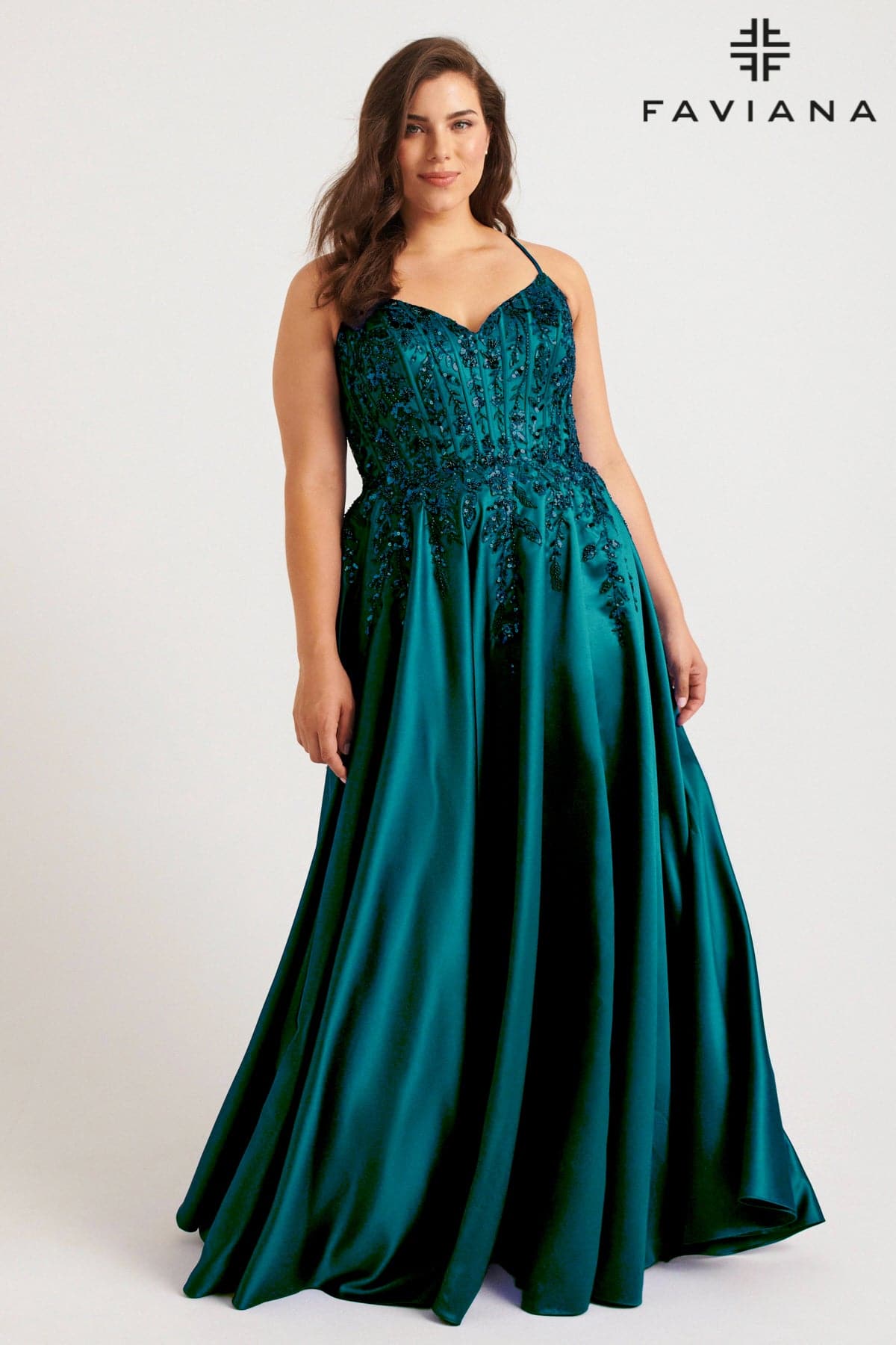Teal Plus Size Corset A-Line Charmeuse Gown With Lace-Up Back And Pock Teal Plus Size Corset A-Line Charmeuse Gown With Lace-Up Back And Pock
