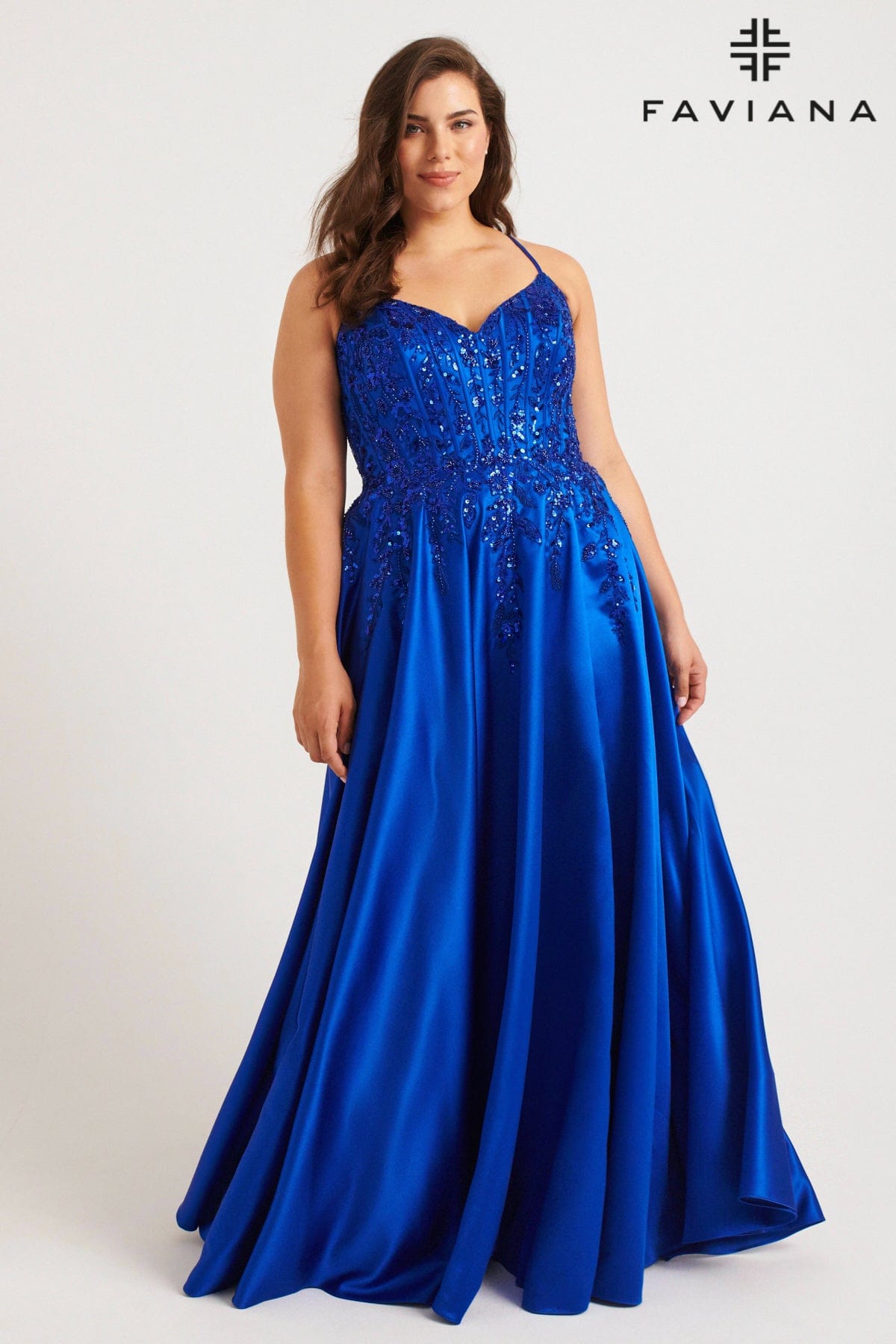 Plus Size Corset A-Line Charmeuse Gown With Lace-Up Back And Pockets | Plus Size Corset A-Line Charmeuse Gown With Lace-Up Back And Pockets |