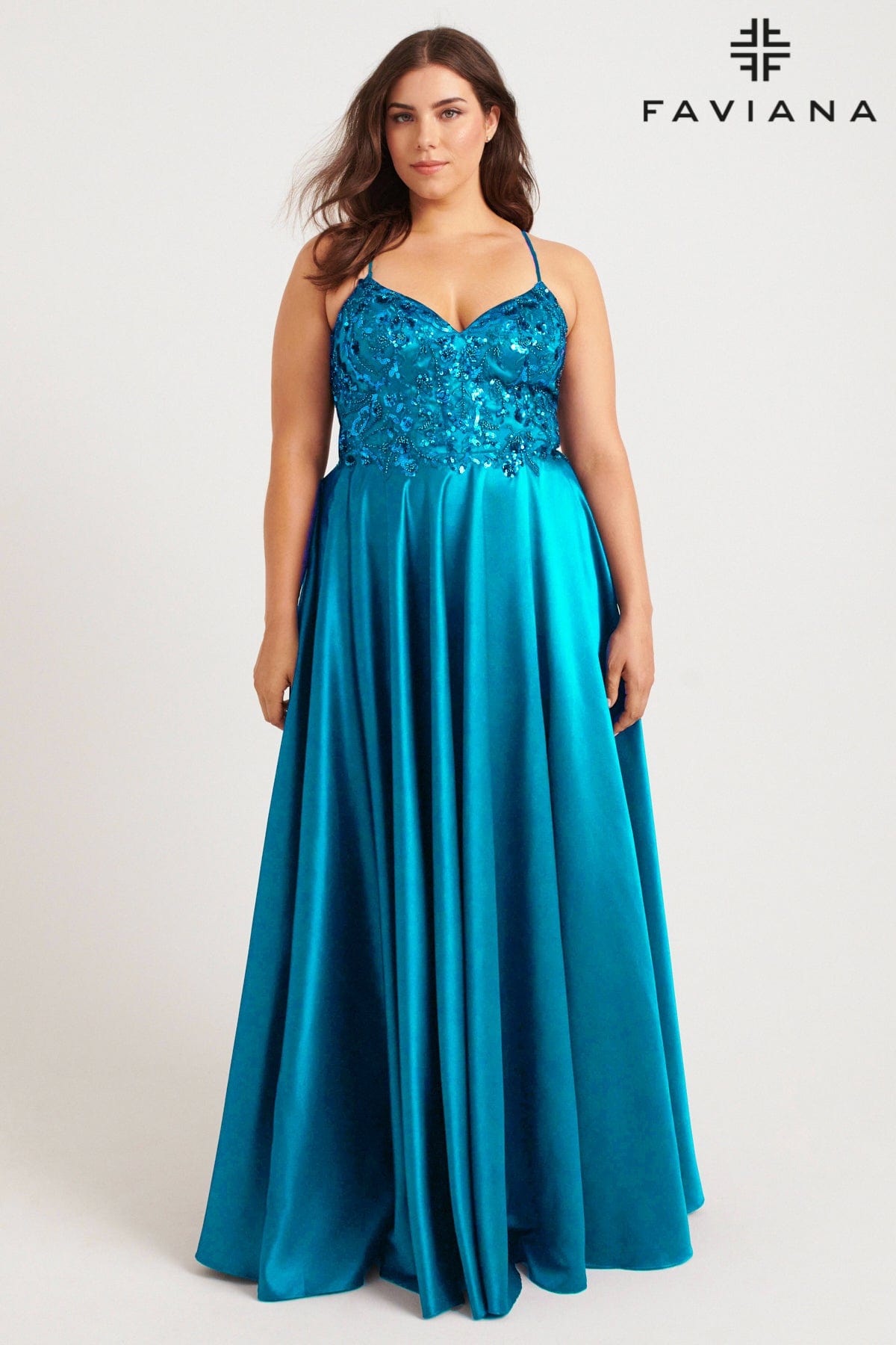 Plus Size V-Neck Silky Gown With Sequin Appliqué Bodice | 9578 Plus Size V-Neck Silky Gown With Sequin Appliqué Bodice | 9578
