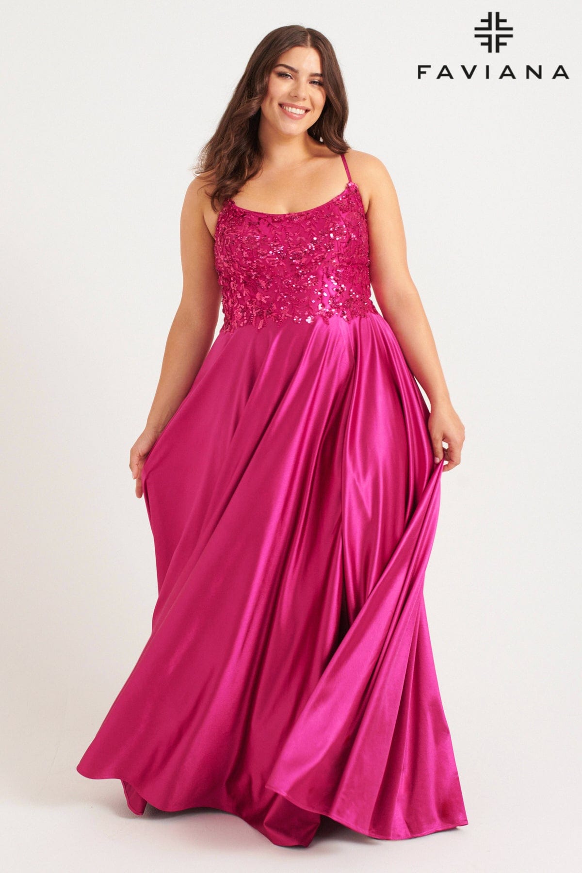 Plus Size Charmeuse Gown With Scoop Neck Beaded Bodice | 9582 Plus Size Charmeuse Gown With Scoop Neck Beaded Bodice | 9582