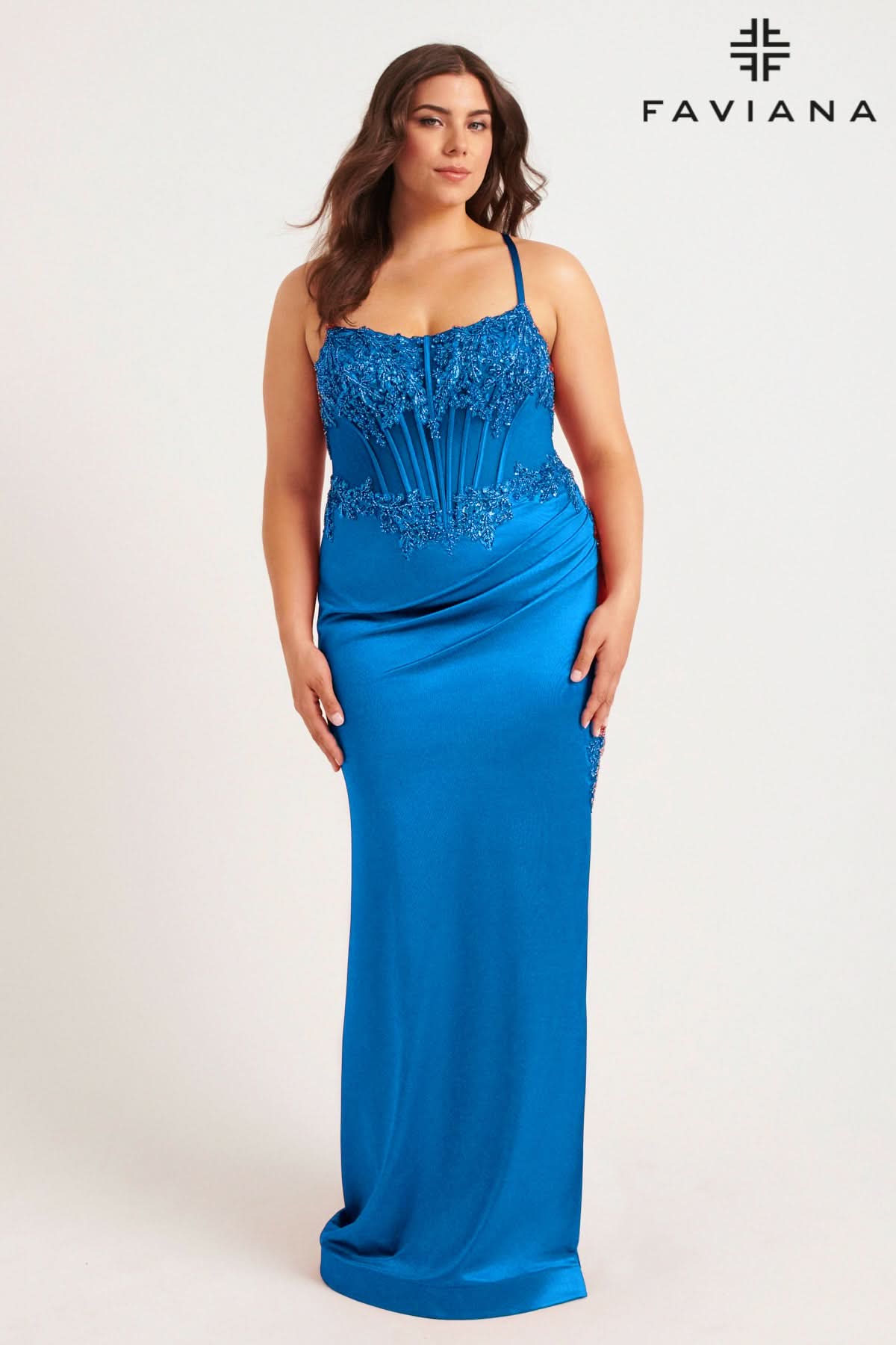 Ink Blue Plus Size Satin Corset Dress With Exposed Boning And Beading Ink Blue Plus Size Satin Corset Dress With Exposed Boning And Beading