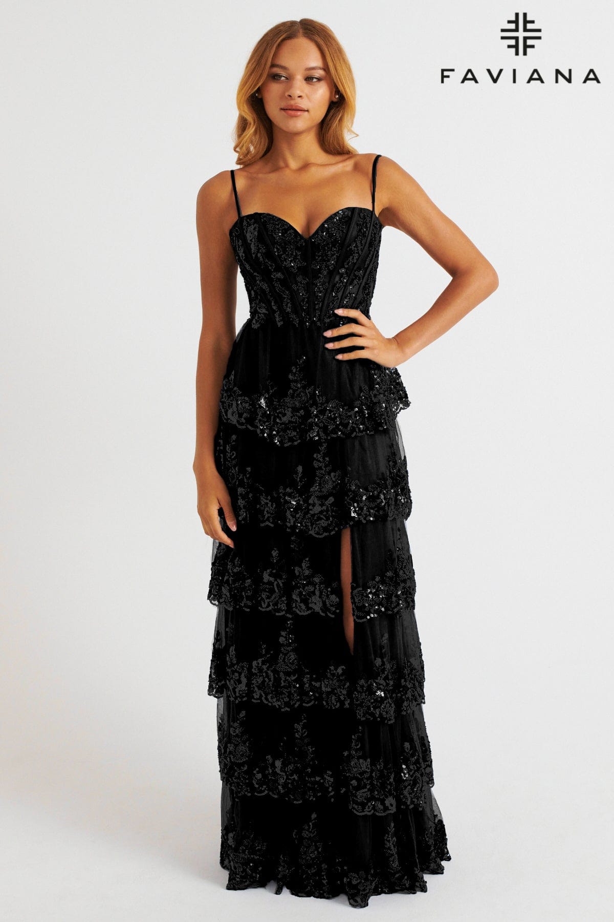 Black Layered Tulle Dress With Corset Bodice And Embellished Skirt | E Black Layered Tulle Dress With Corset Bodice And Embellished Skirt | E