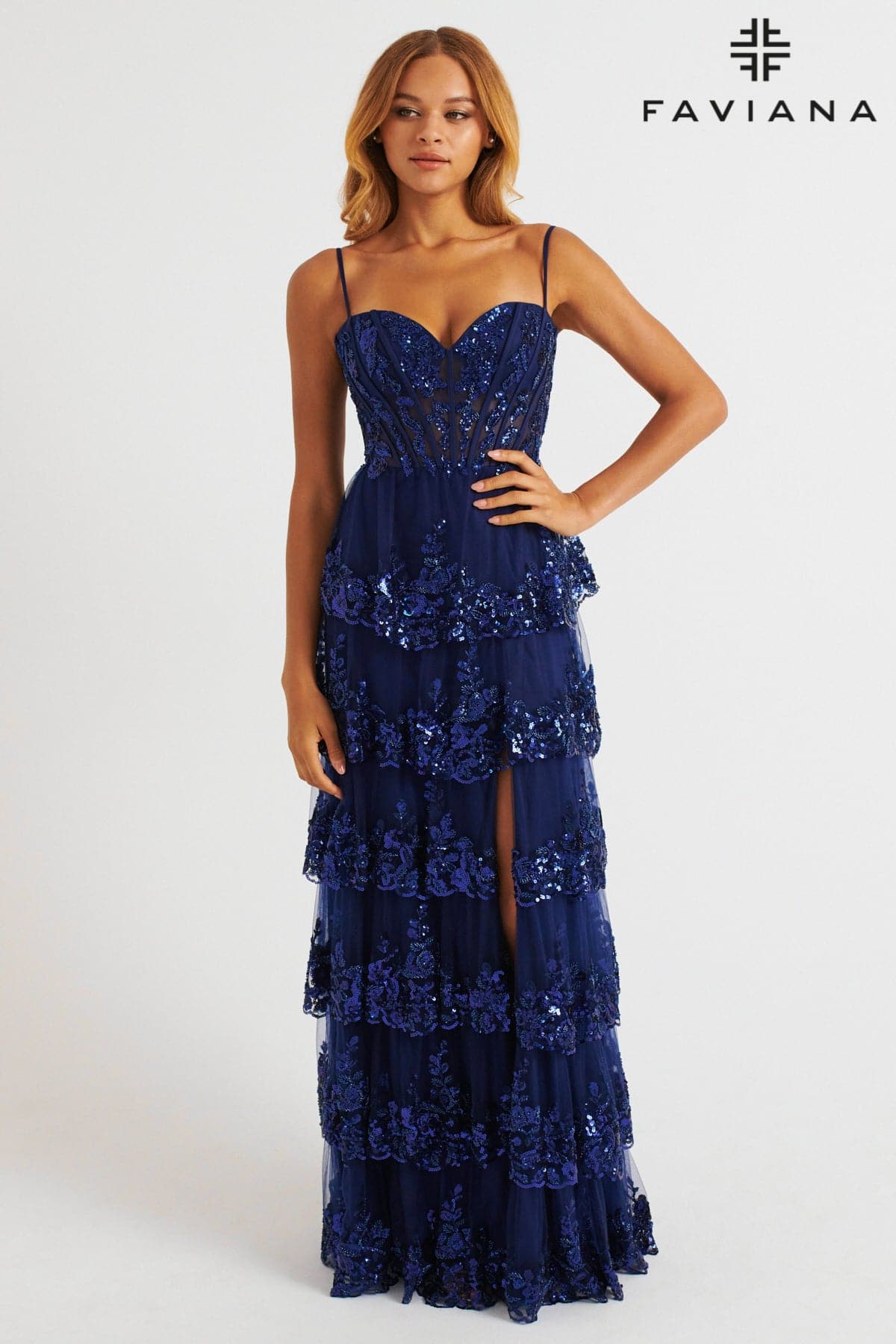 Navy Layered Tulle Dress With Corset Bodice And Embellished Skirt | E1 Navy Layered Tulle Dress With Corset Bodice And Embellished Skirt | E1