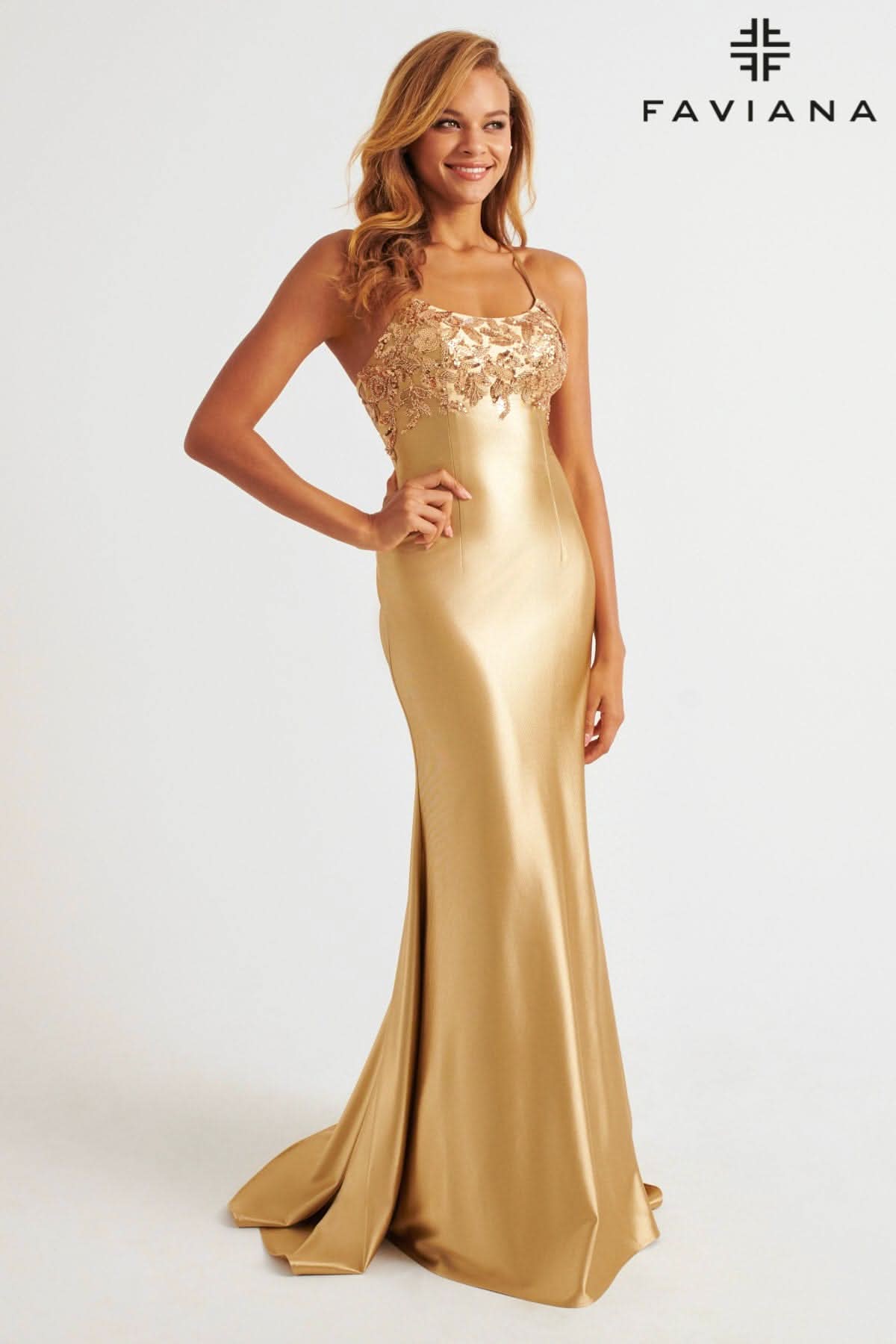 Gold Satin Scoop Neck Dress With Sequin Applique And Lace Up Back | E1 Gold Satin Scoop Neck Dress With Sequin Applique And Lace Up Back | E1