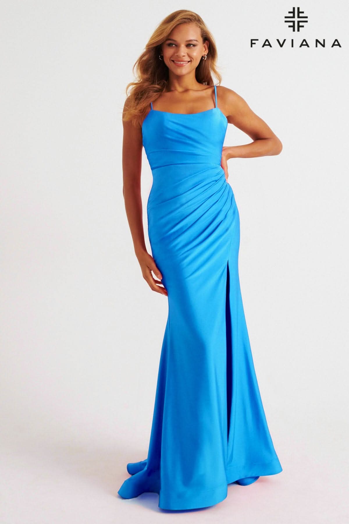 Sea Blue Scoop Neck Stretch Charmeuse Ruched Dress | E11265 Sea Blue Scoop Neck Stretch Charmeuse Ruched Dress | E11265