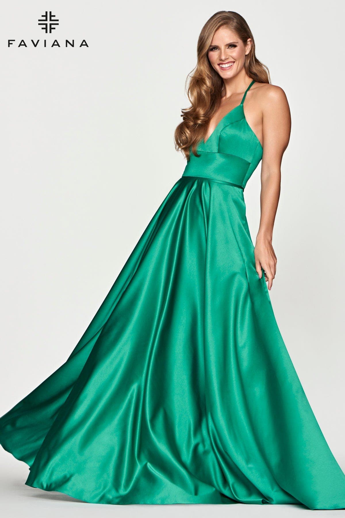 Jade Green Satin Ballgown Dress With Lace Up Back And V Neck | Faviana Jade Green Satin Ballgown Dress With Lace Up Back And V Neck | Faviana