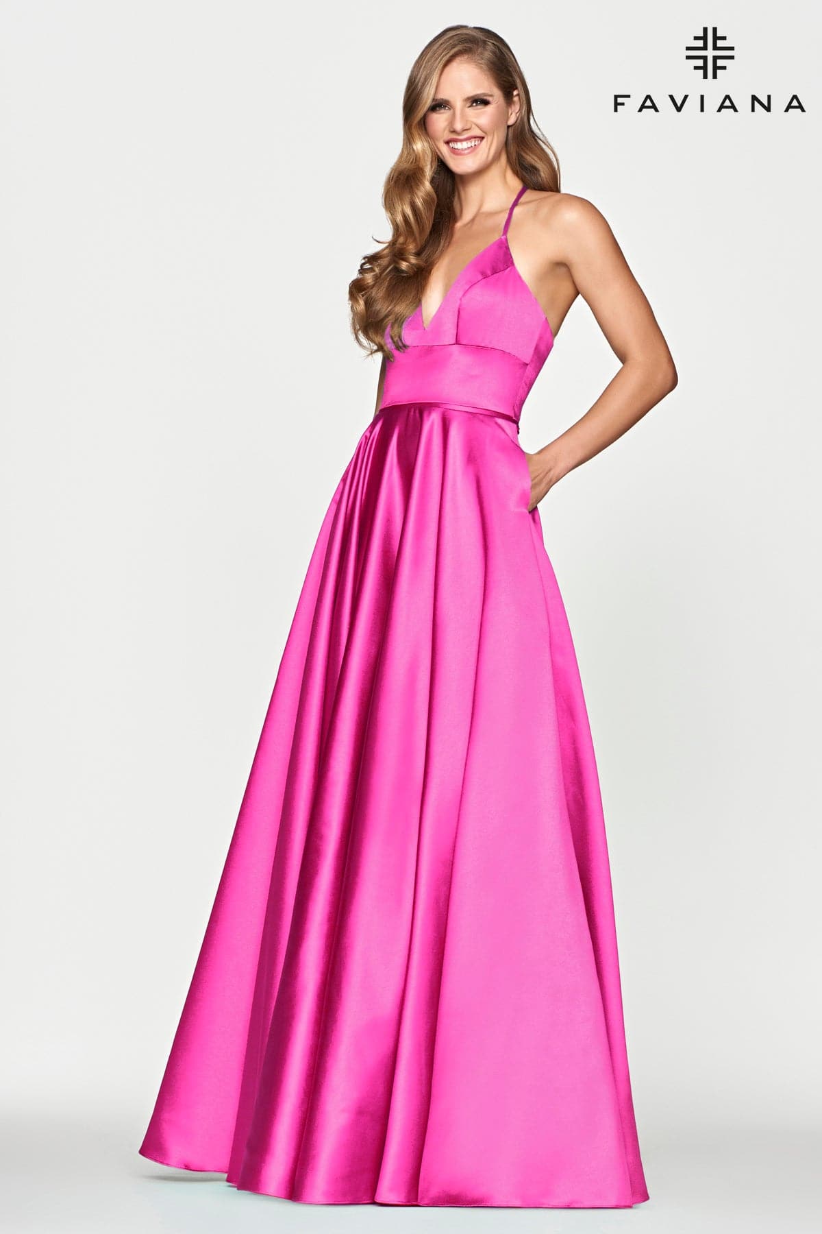 Satin Ballgown Dress With Lace Up Back And V Neck | Faviana Satin Ballgown Dress With Lace Up Back And V Neck | Faviana