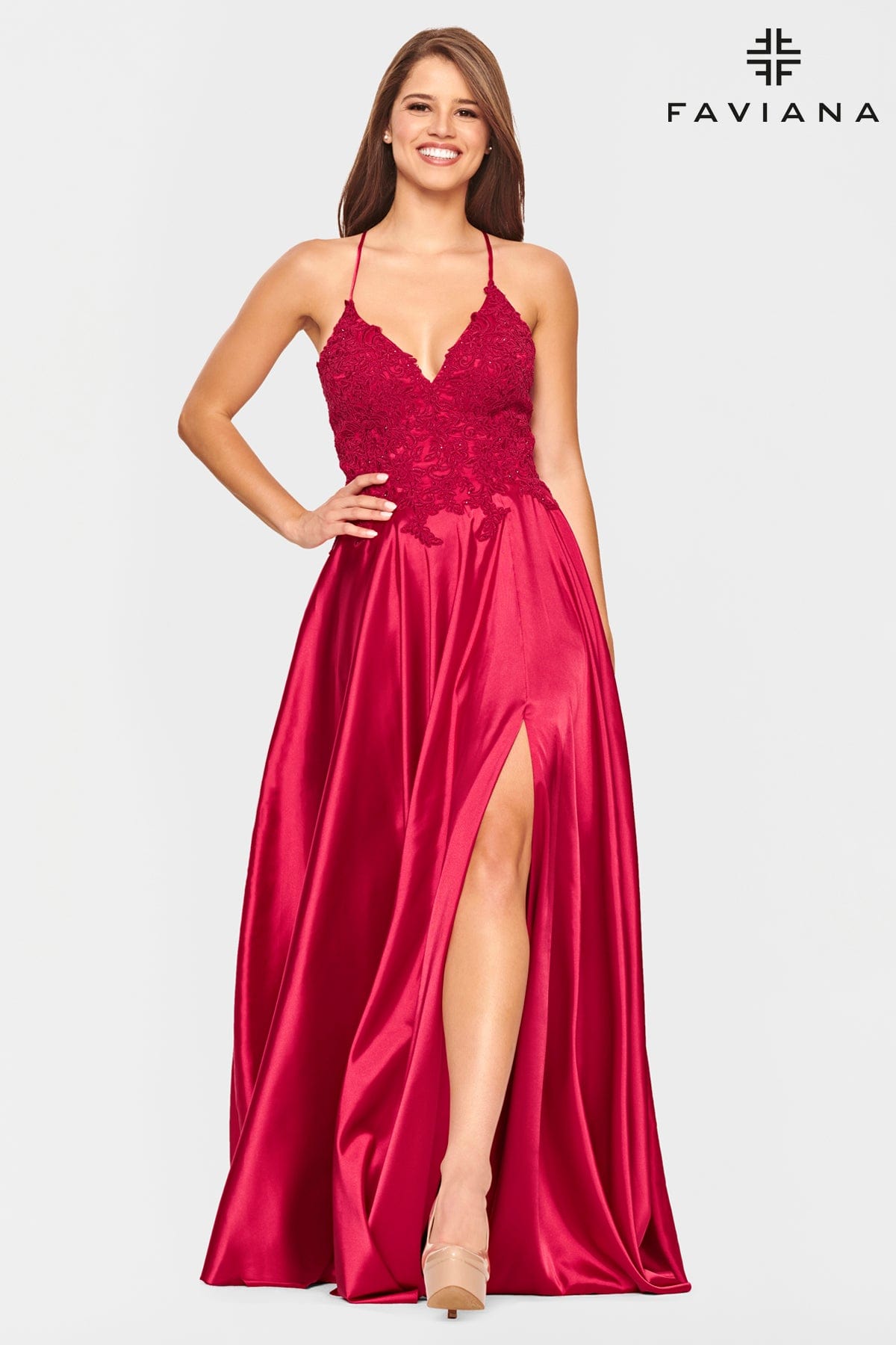 Red Long Flowy Prom Dress With Lace Bustier And Corset Back | Faviana Red Long Flowy Prom Dress With Lace Bustier And Corset Back | Faviana