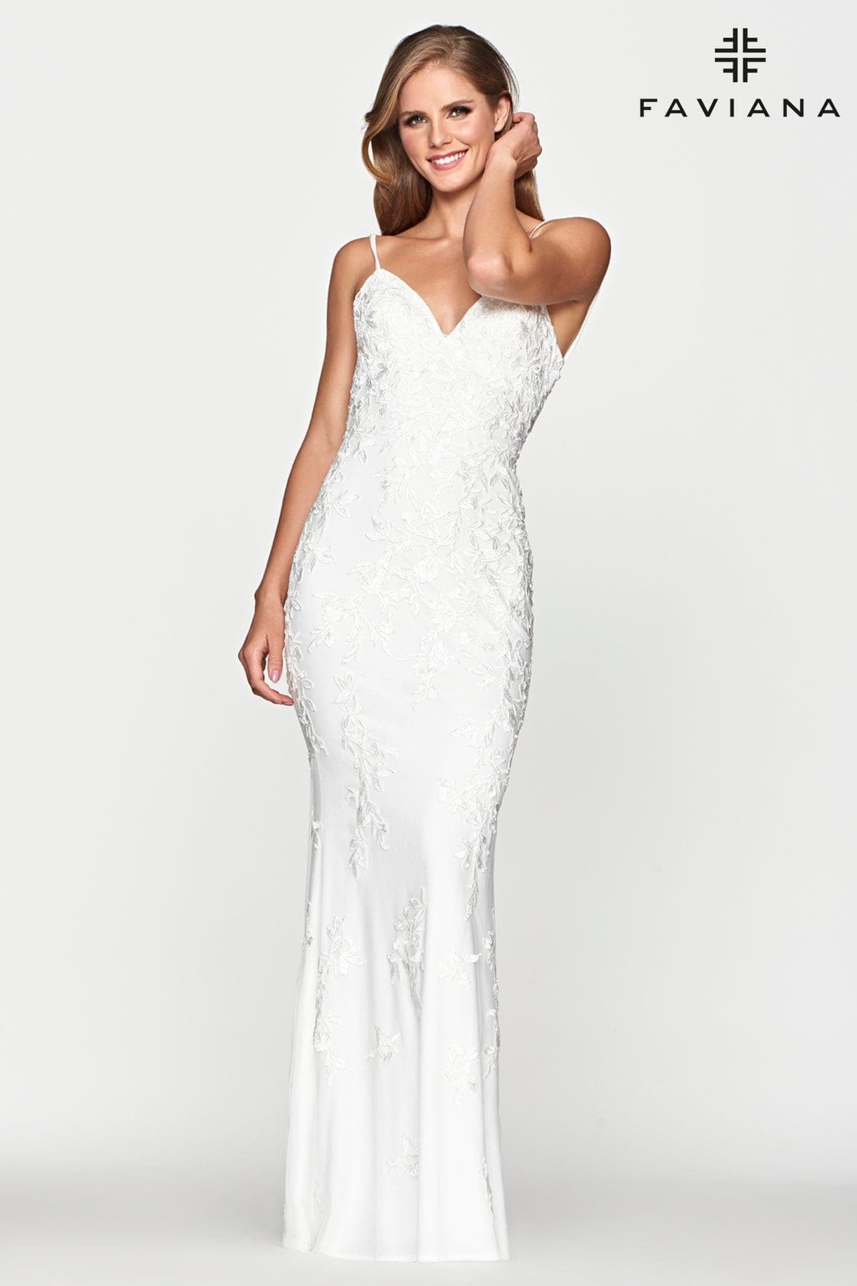 White Lace Long Dress With V Neck And Lace Up Open Back | S10508 White Lace Long Dress With V Neck And Lace Up Open Back | S10508