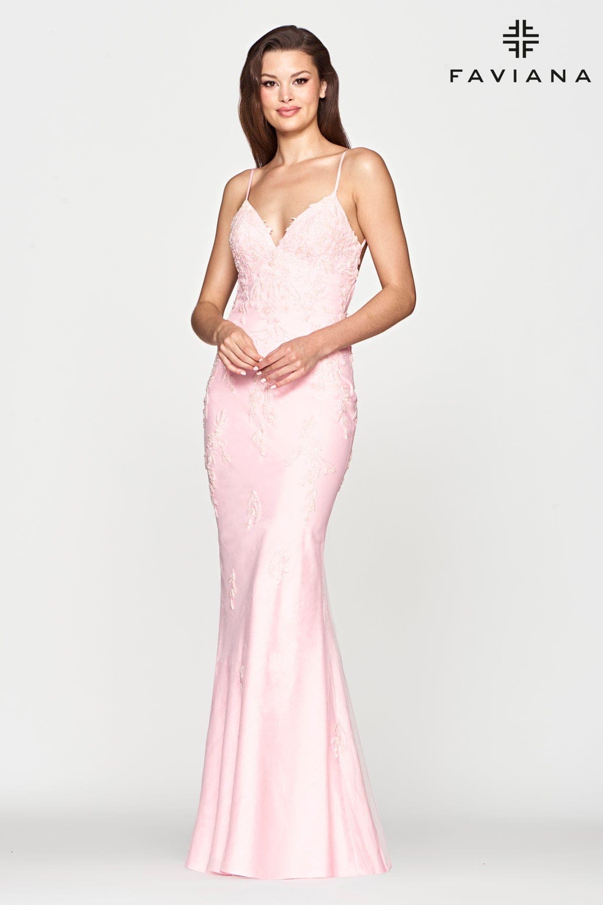 Pink Beaded Lace Long V Neck Dress With Open Back | S10633