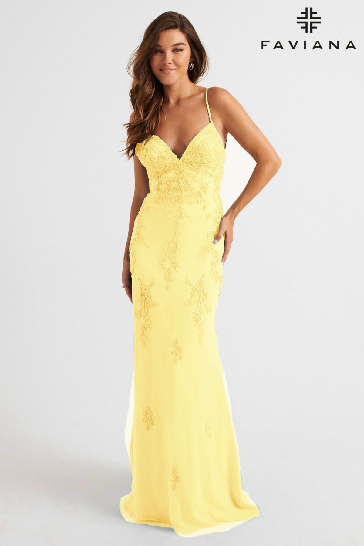 Beaded Lace Long V Neck Dress With Open Back | Faviana Beaded Lace Long V Neck Dress With Open Back | Faviana