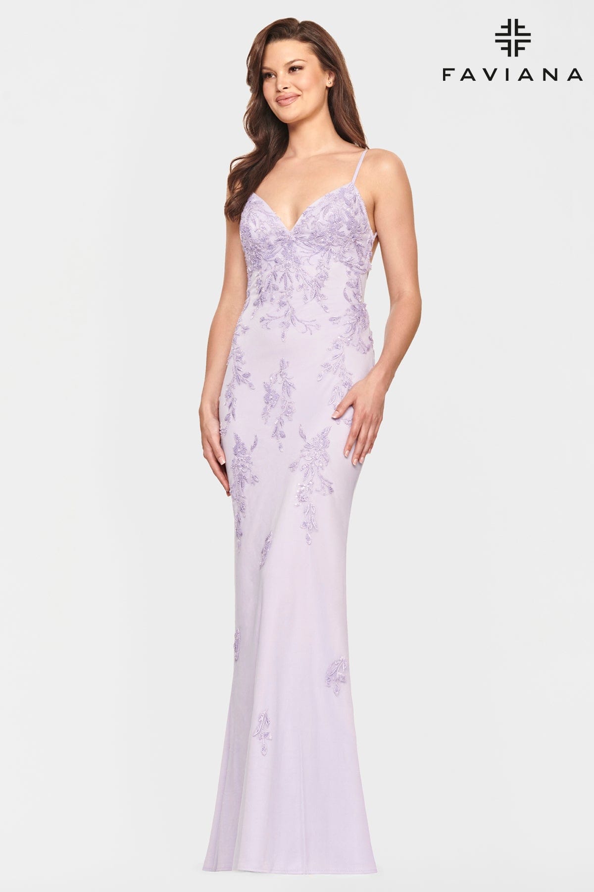 Lilac Beaded Lace Long V Neck Dress With Open Back | S10633